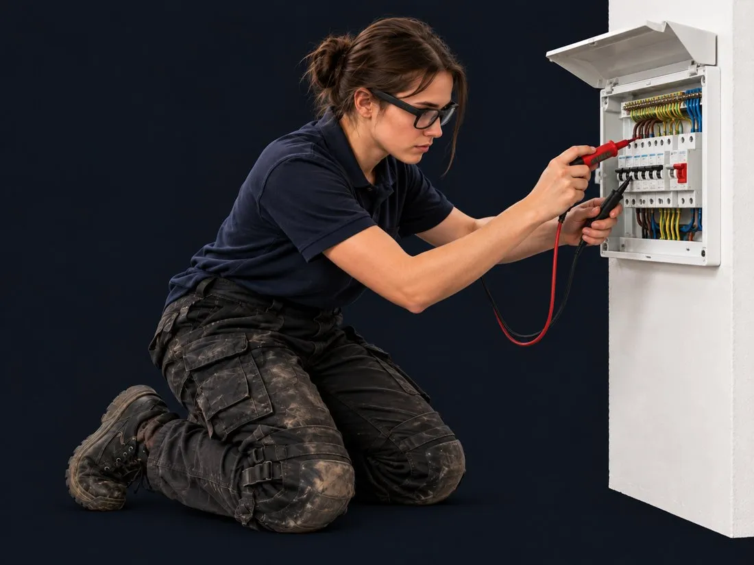 A first-year apprentice electrician wearing TrainAR glasses, testing a consumer unit while the AI talks her through it