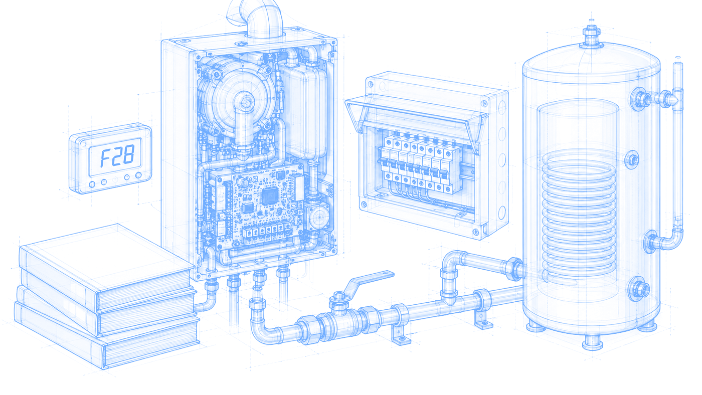 Blueprint of trade equipment: a boiler, a consumer unit, a cylinder, pipework and manuals