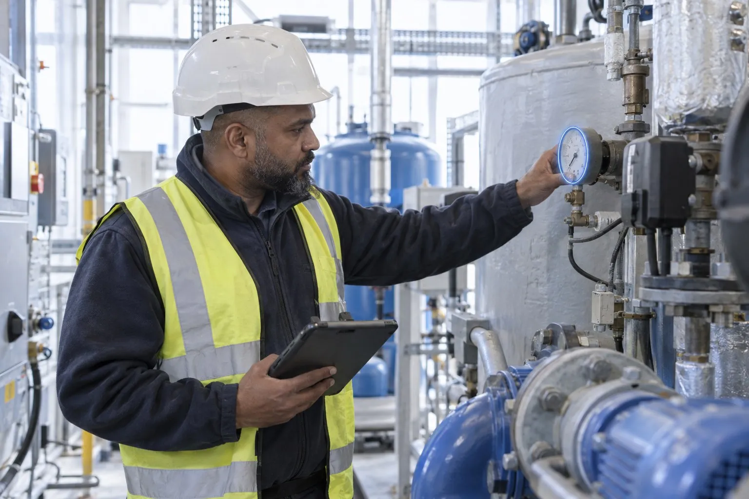 TrustMark consultation: a site supervisor checks the pressure gauge and pipework in the plant room of a UK building