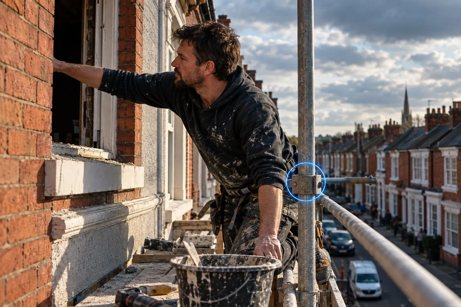 Work at height fine hazard on a red-brick British street: a lone builder up a scaffold beside an unguarded upper-floor opening left with no edge protection