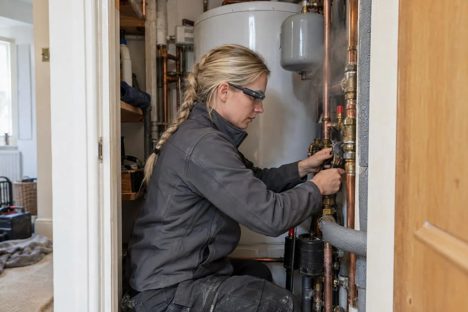 Smart glasses for plumbers in use: side view of a heating engineer, both hands at a valve inside a cylinder cupboard, with condensation on the pipework.