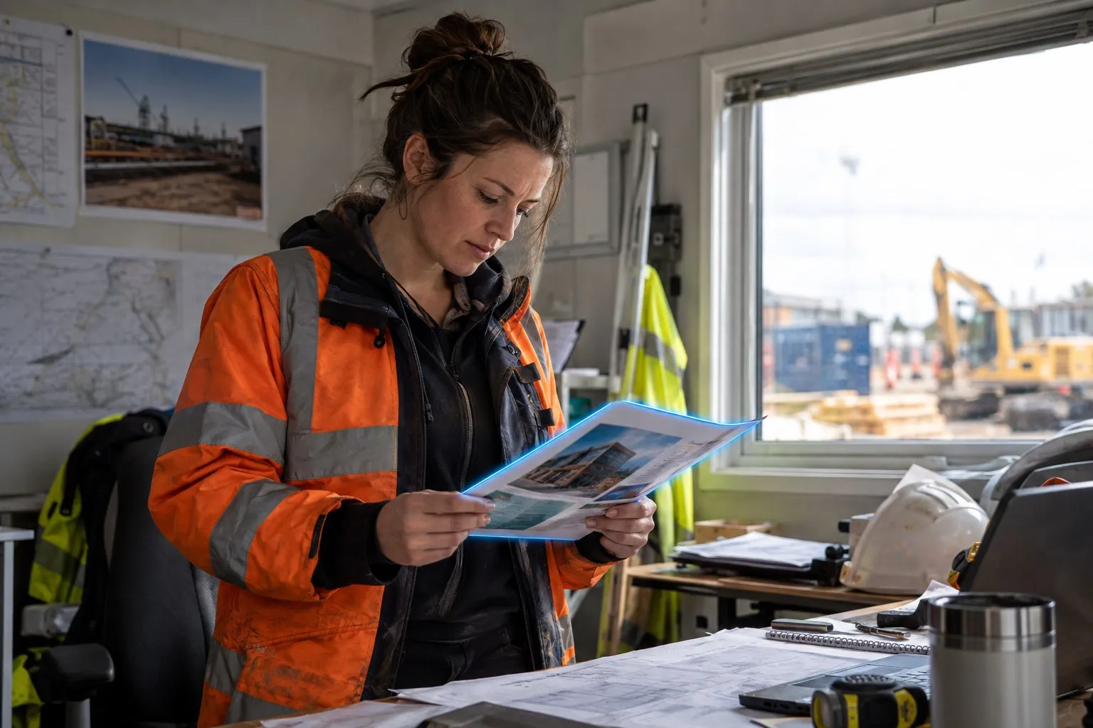Construction college network: a woman engineer in a site office reads a training course prospectus in daylight by the window