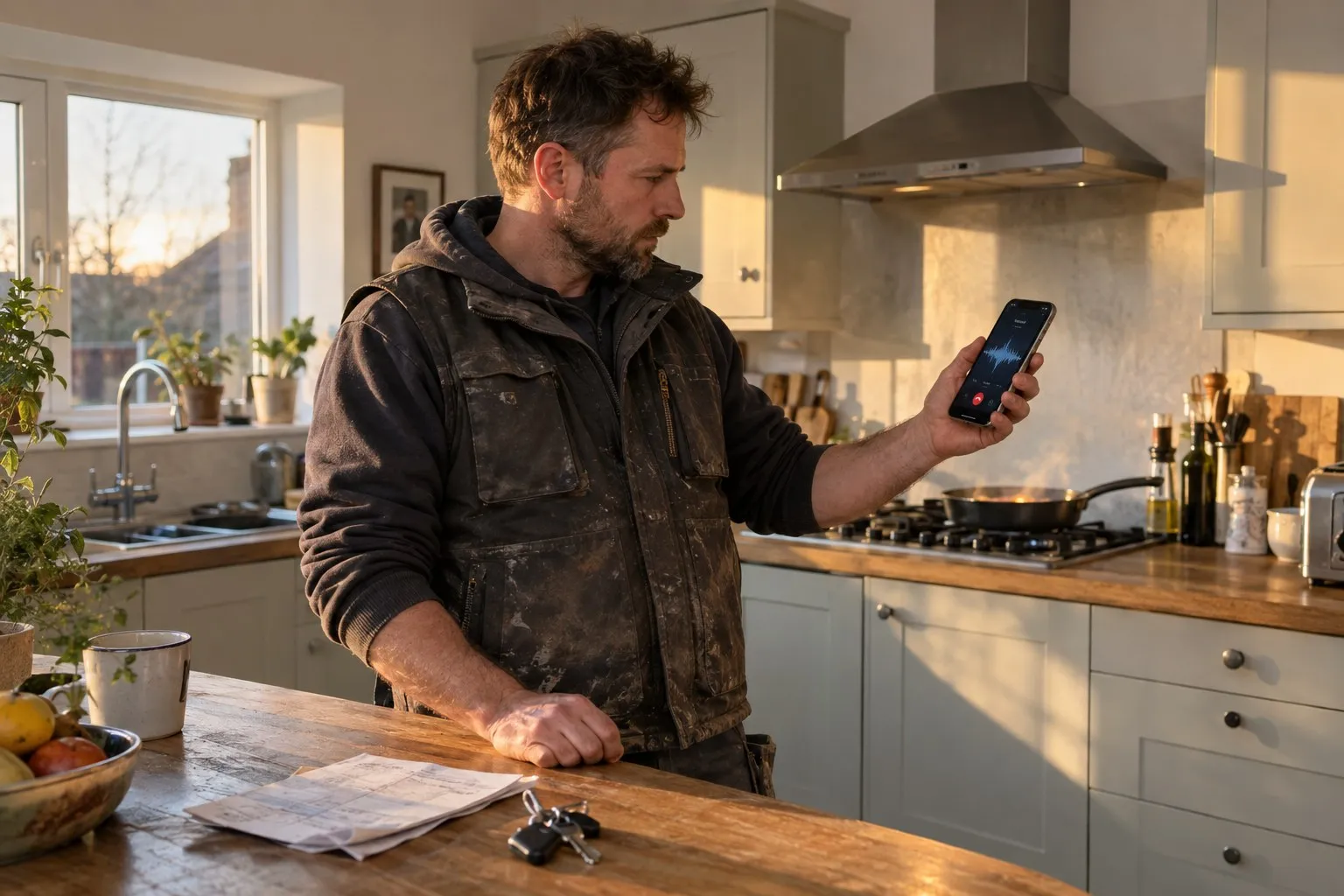 A trades business owner holding out his work phone in his kitchen at dusk while an AI receptionist for tradesmen takes the call, an audio waveform moving on the screen