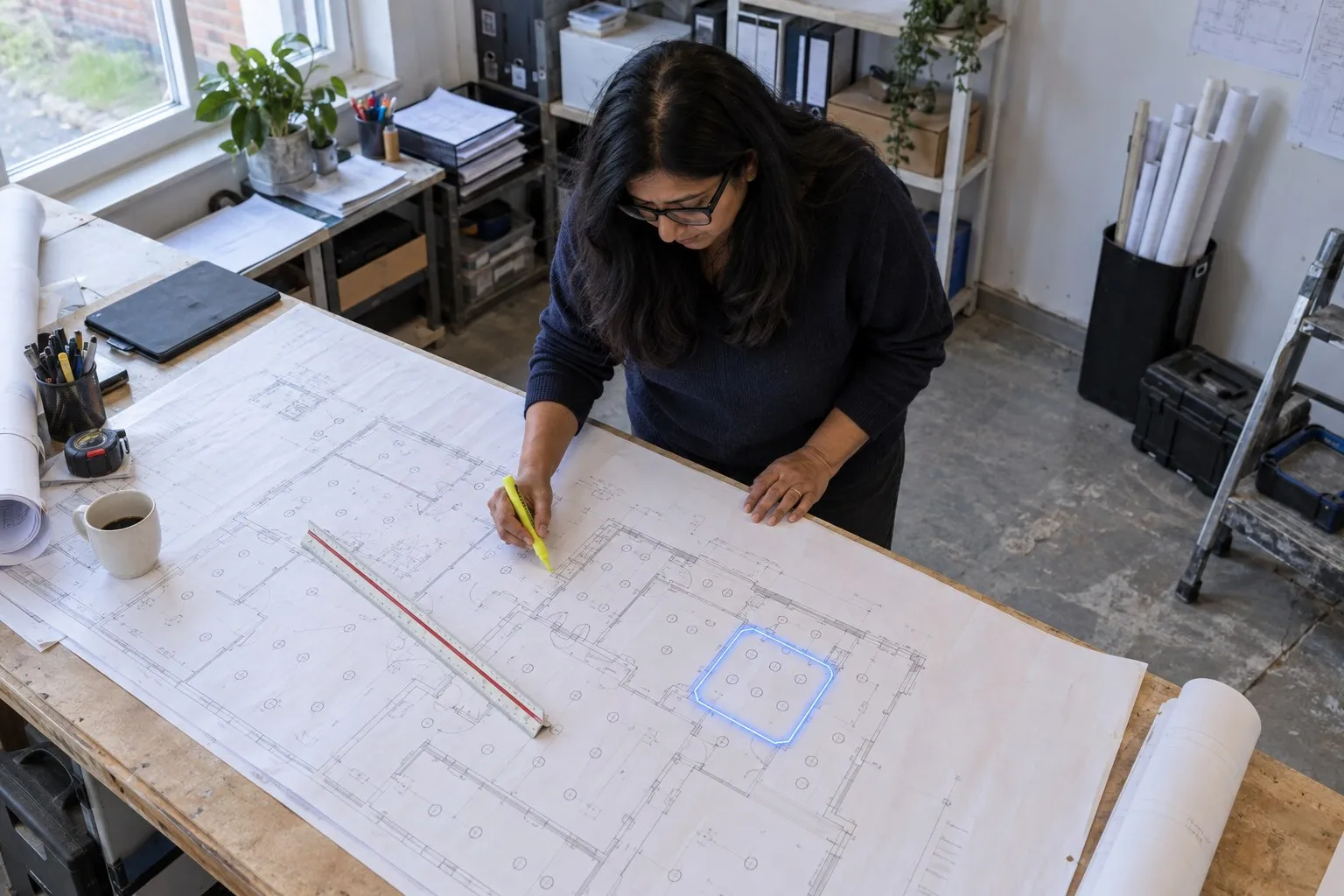 An estimator standing over a printed electrical plan with a highlighter and a scale rule, an AR frame outlining a group of lighting symbols, illustrating will AI replace electrical estimators.