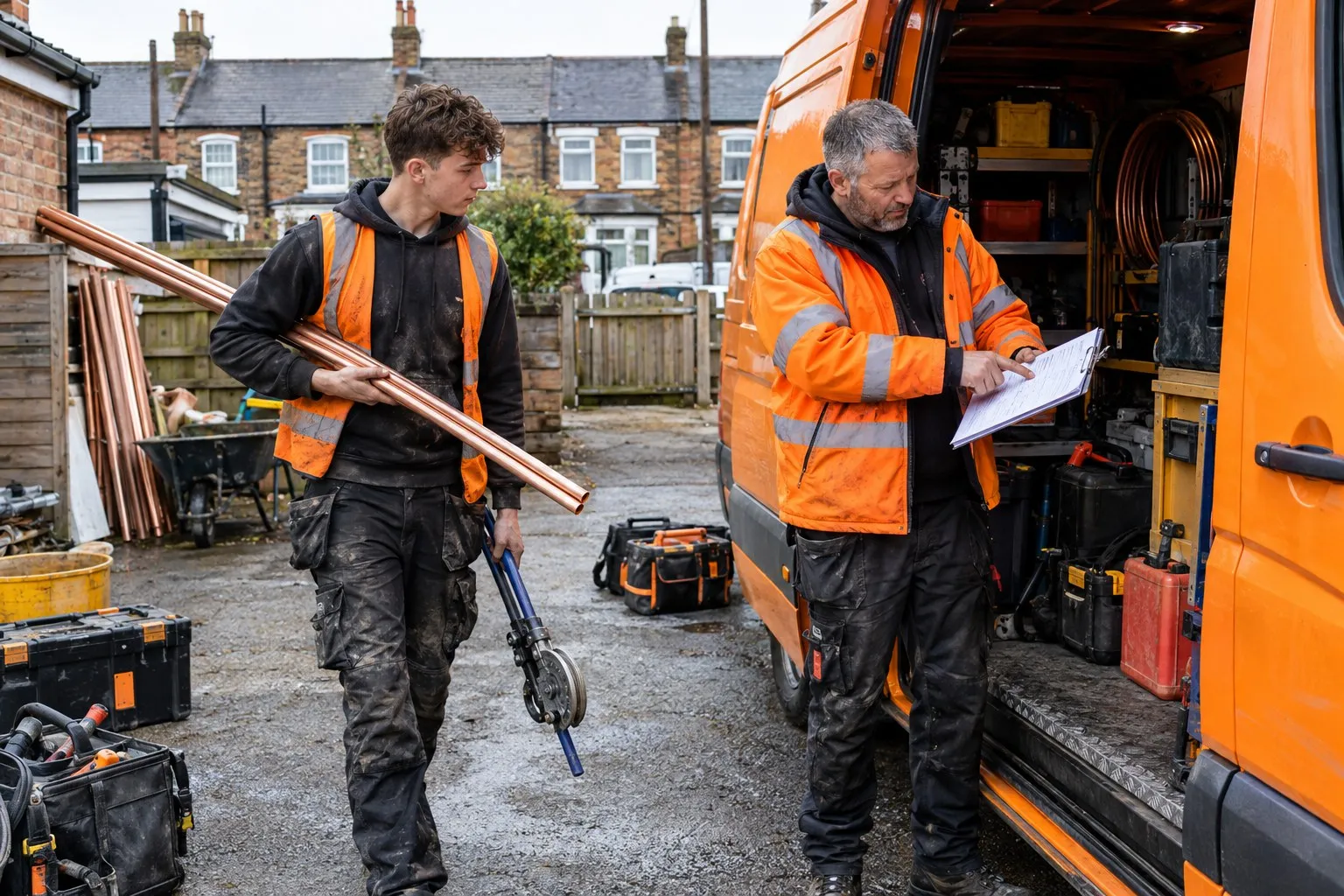 A qualified engineer points at a job sheet by an open van while an apprentice carries copper pipe and a pipe bender across the yard