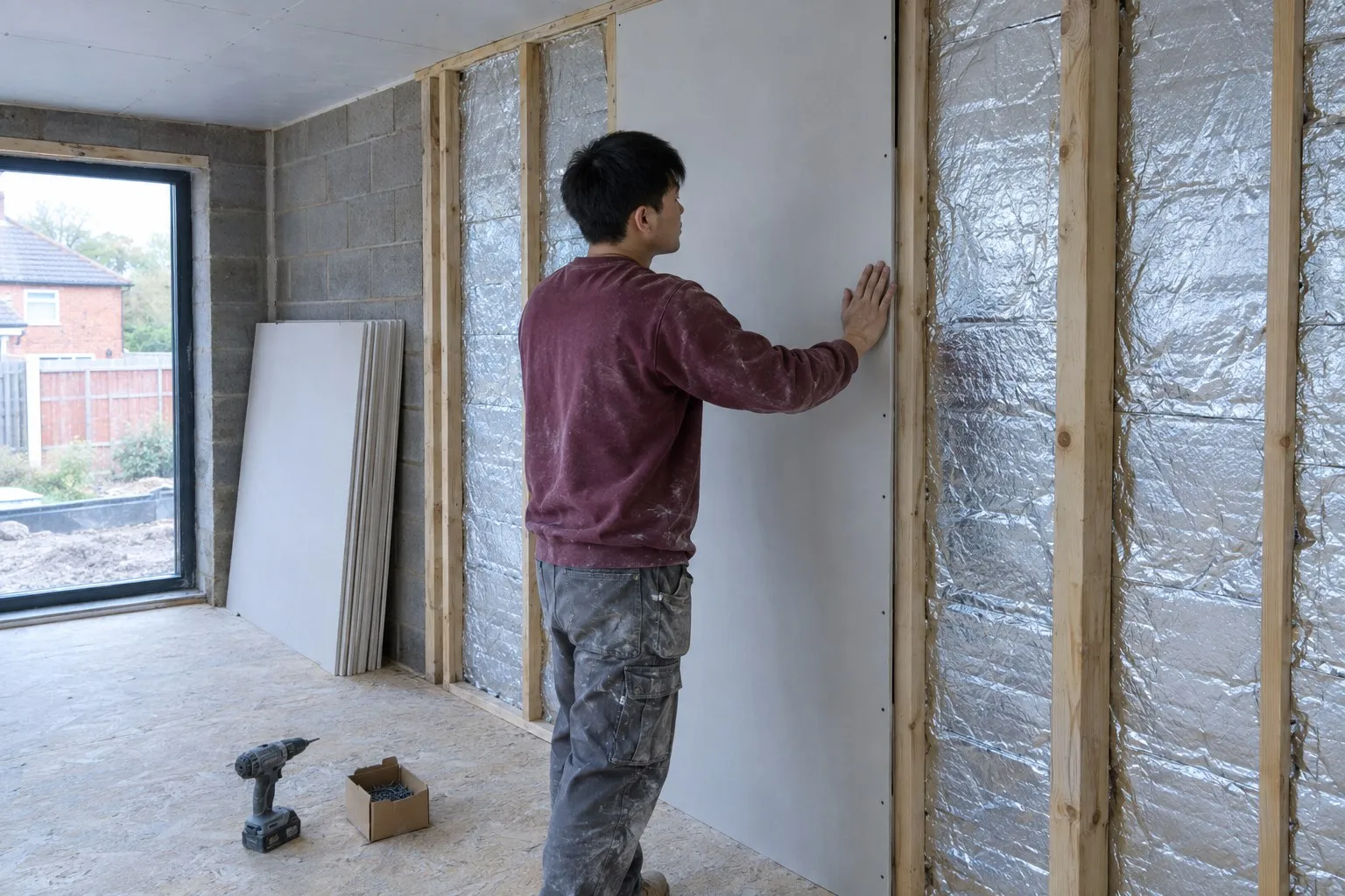 A plasterer pressing the first plasterboard sheet against a timber stud wall filled with foil-faced insulation in a new house extension A plasterer pressing the first plasterboard sheet against a timber stud wall filled with foil-faced insulation in a new house extension