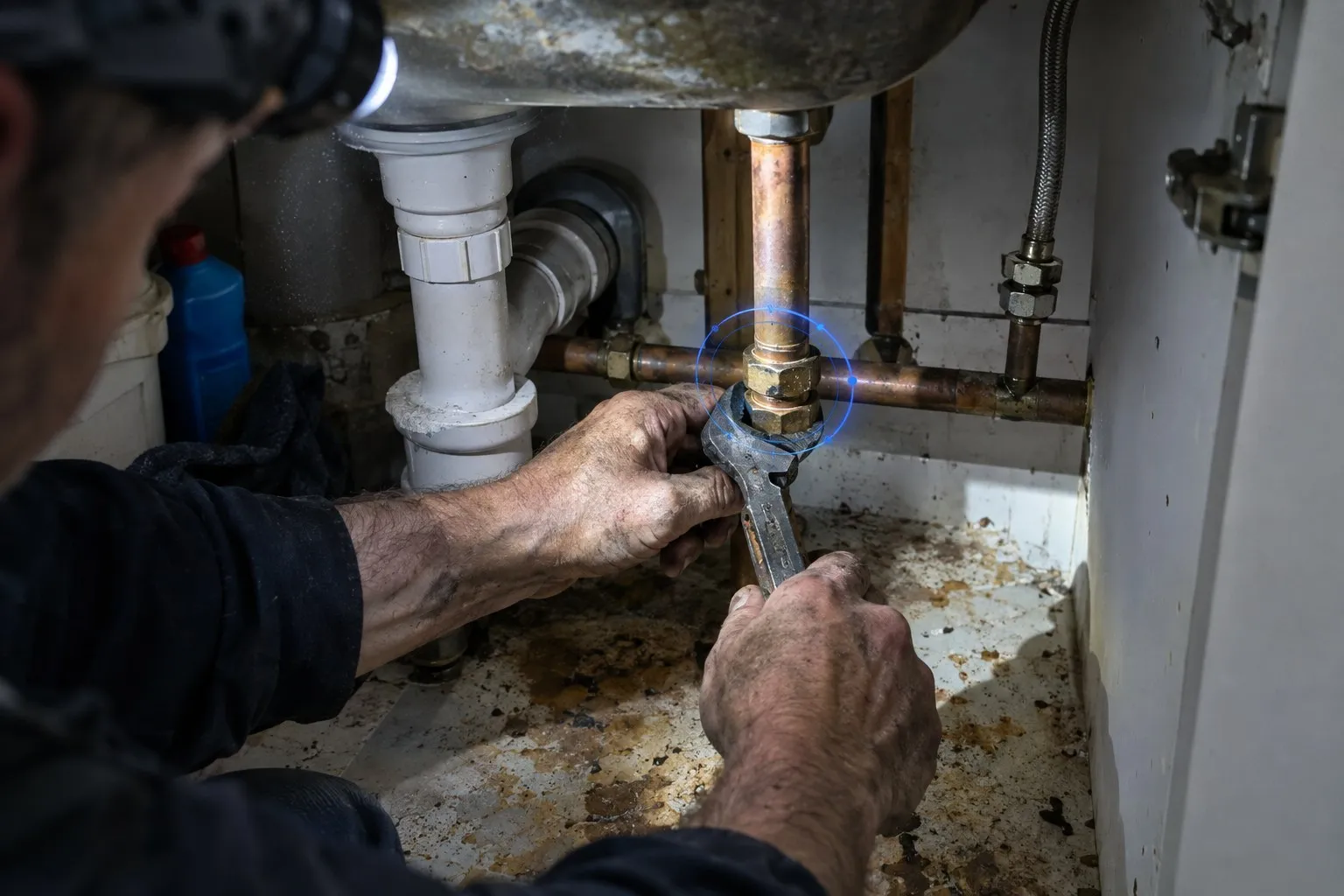 A plumber’s hands working a spanner onto an old compression joint inside a cramped kitchen base unit, lit by a head torch A plumber’s hands working a spanner onto an old compression joint inside a cramped kitchen base unit, lit by a head torch