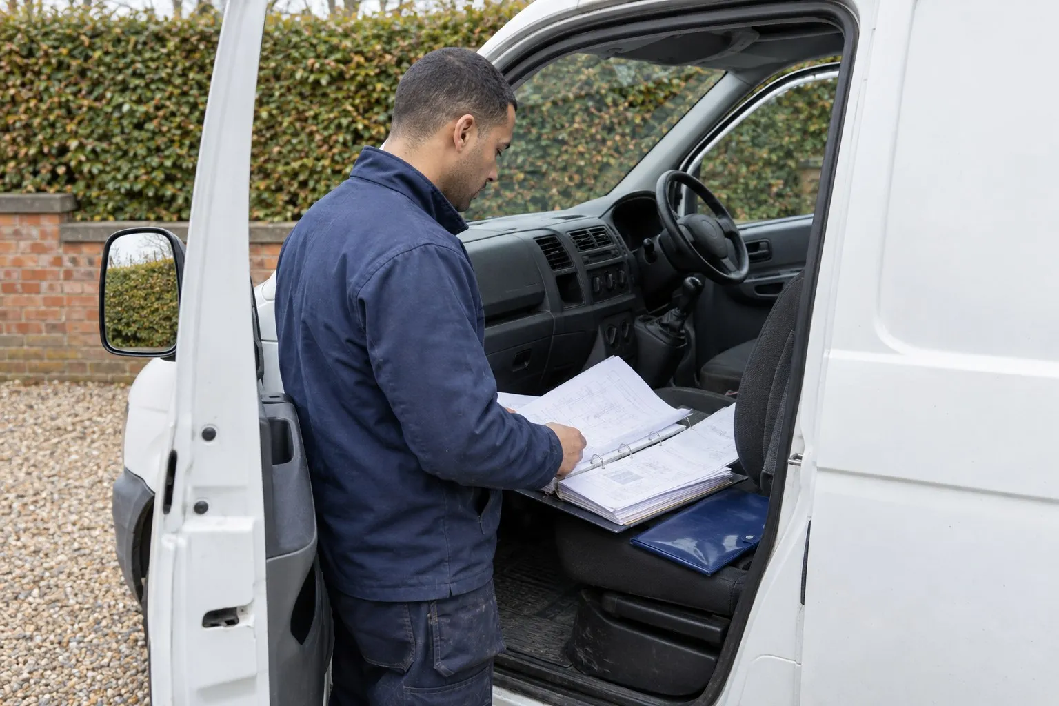 Tradesman at the open door of his van leafing through a job folder of drawings and certificates on the passenger seat