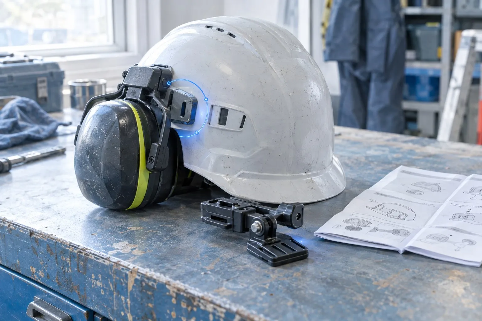 A construction safety helmet on a bench with its side accessory slots visible and a camera mount lying detached beside it A construction safety helmet on a bench with its side accessory slots visible and a camera mount lying detached beside it