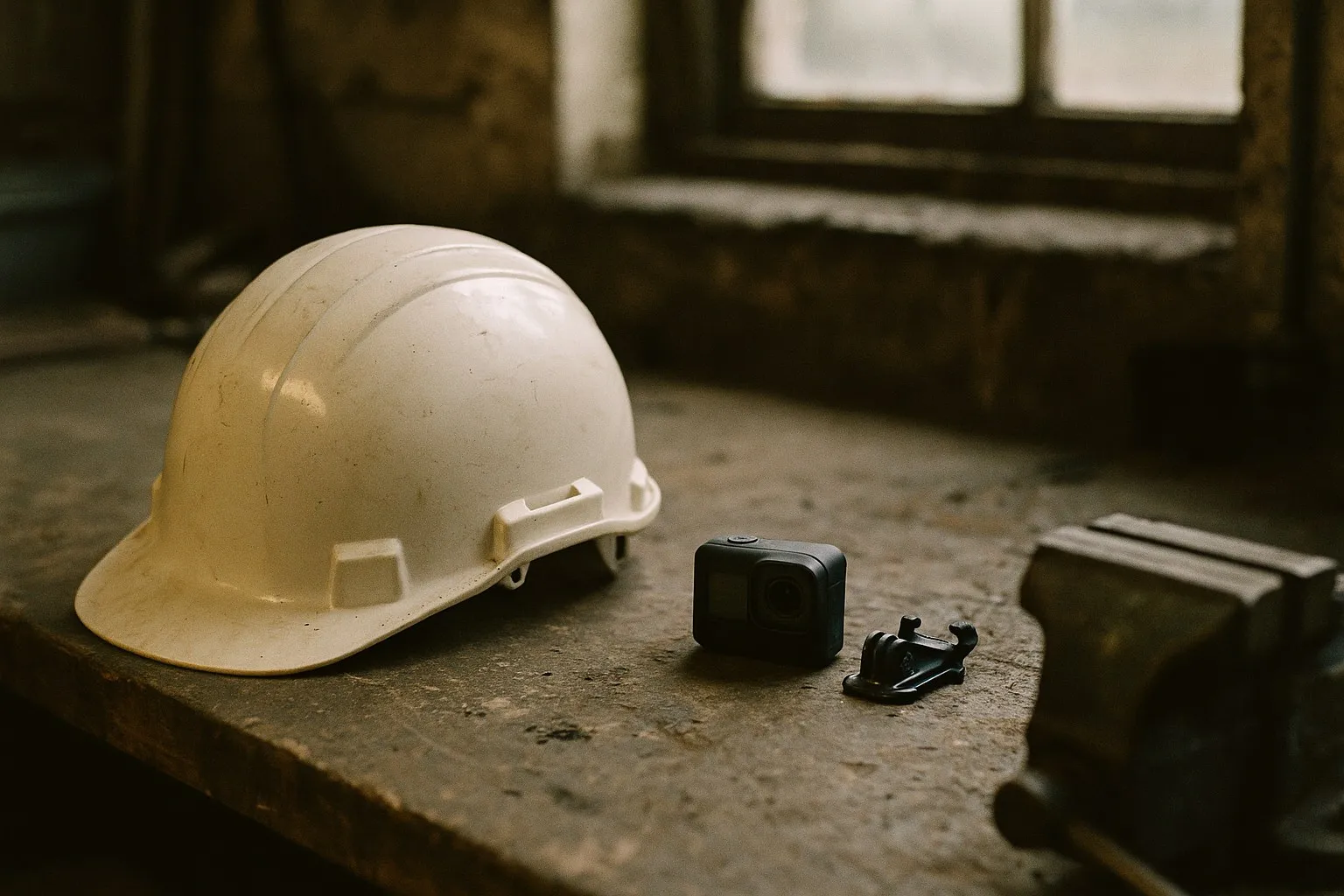 An unmodified white industrial hard hat on a workbench with its side accessory slots empty, and beside it, unattached, a small action camera and its separate clip mount