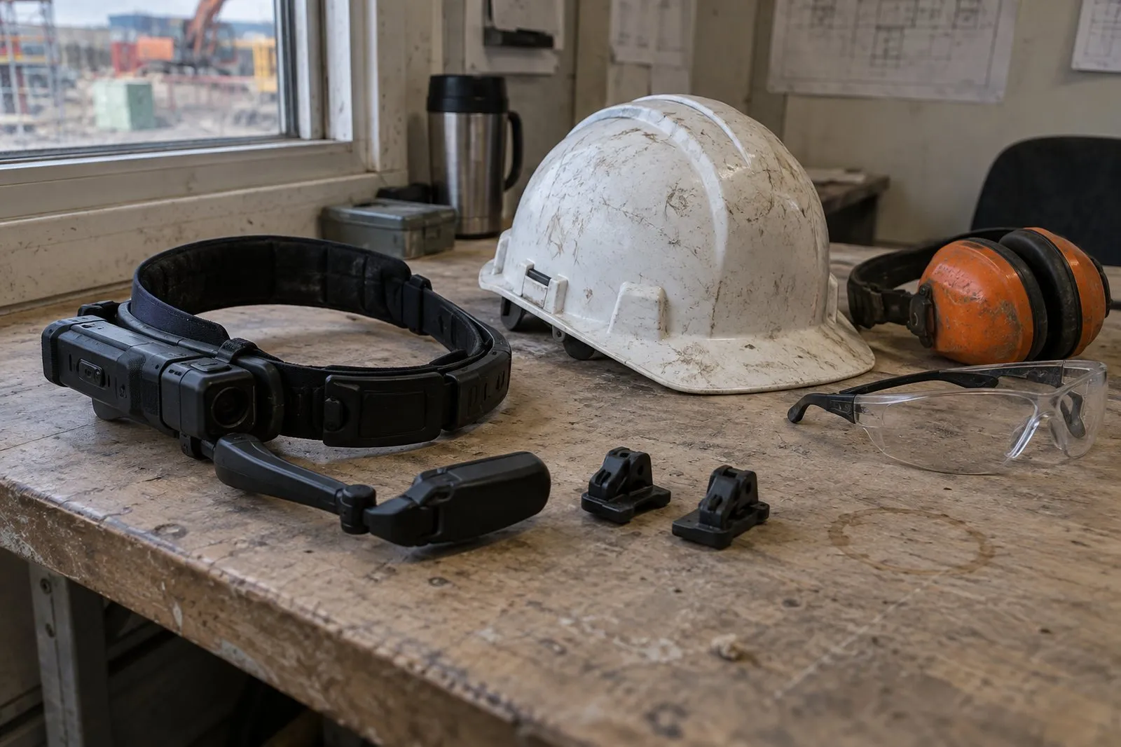 A smart glasses headset lying unmounted on a site cabin bench next to two helmet clips, a scratched white hard hat, clear safety spectacles and orange ear defenders A smart glasses headset lying unmounted on a site cabin bench next to two helmet clips, a scratched white hard hat, clear safety spectacles and orange ear defenders