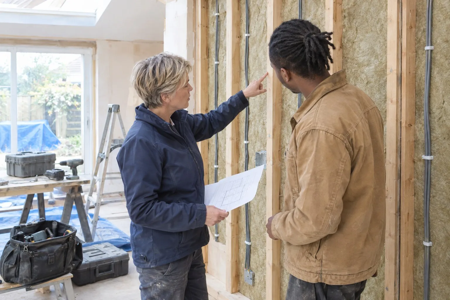A builder and an electrician at an open timber stud wall in a domestic extension, checking cable runs and insulation against a drawing before the plasterboard goes on