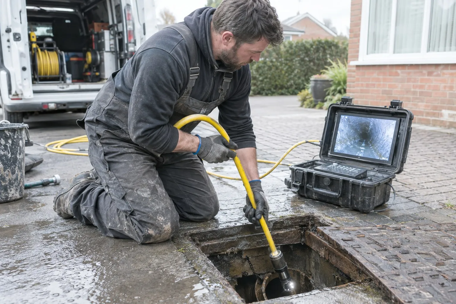 A drainage engineer at an open inspection chamber feeding a motorised cutting head into the pipe, a camera screen open beside him A drainage engineer at an open inspection chamber feeding a motorised cutting head into the pipe, a camera screen open beside him