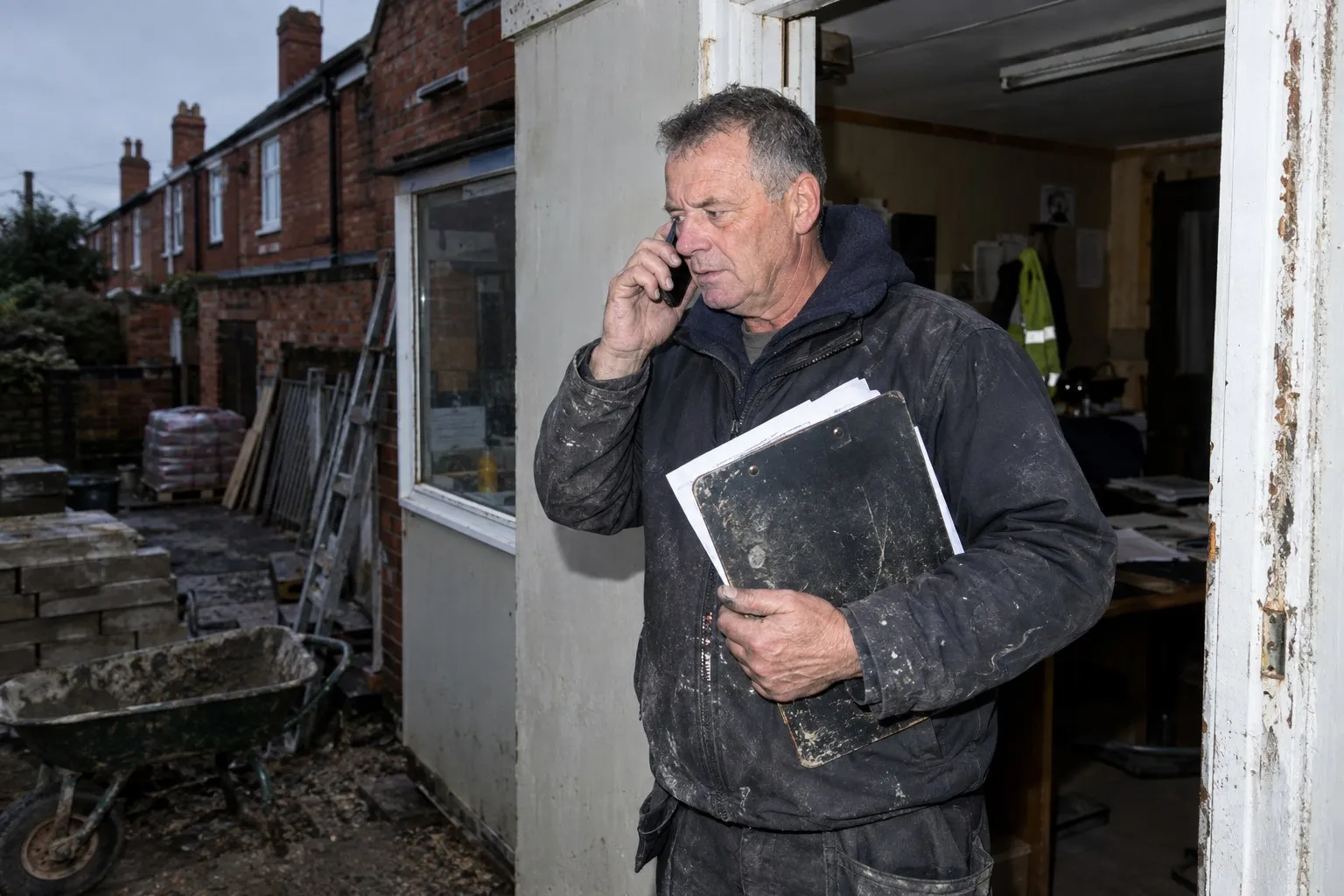A builder standing in a yard office doorway on the phone, a clipboard and loose papers under his arm A builder standing in a yard office doorway on the phone, a clipboard and loose papers under his arm