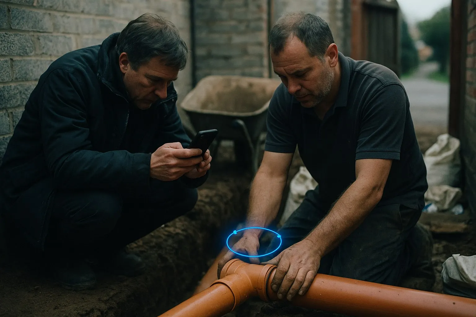 A builder crouched beside open drainage pipes in a trench at the back of a half-built brick extension while a building inspector with a clipboard looks down at them A builder crouched beside open drainage pipes in a trench at the back of a half-built brick extension while a building inspector with a clipboard looks down at them