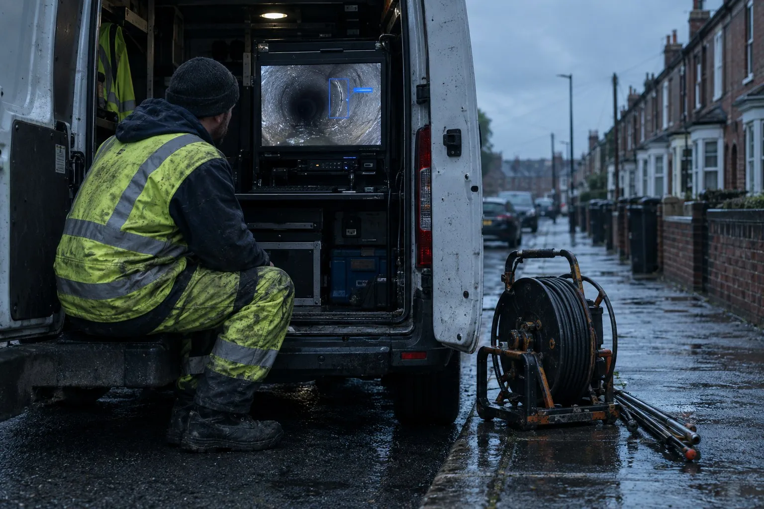 A drainage operator sitting in the back of his van on a wet terraced street, watching pipe inspection footage on a screen, the camera reel and rods on the pavement beside him A drainage operator sitting in the back of his van on a wet terraced street, watching pipe inspection footage on a screen, the camera reel and rods on the pavement beside him