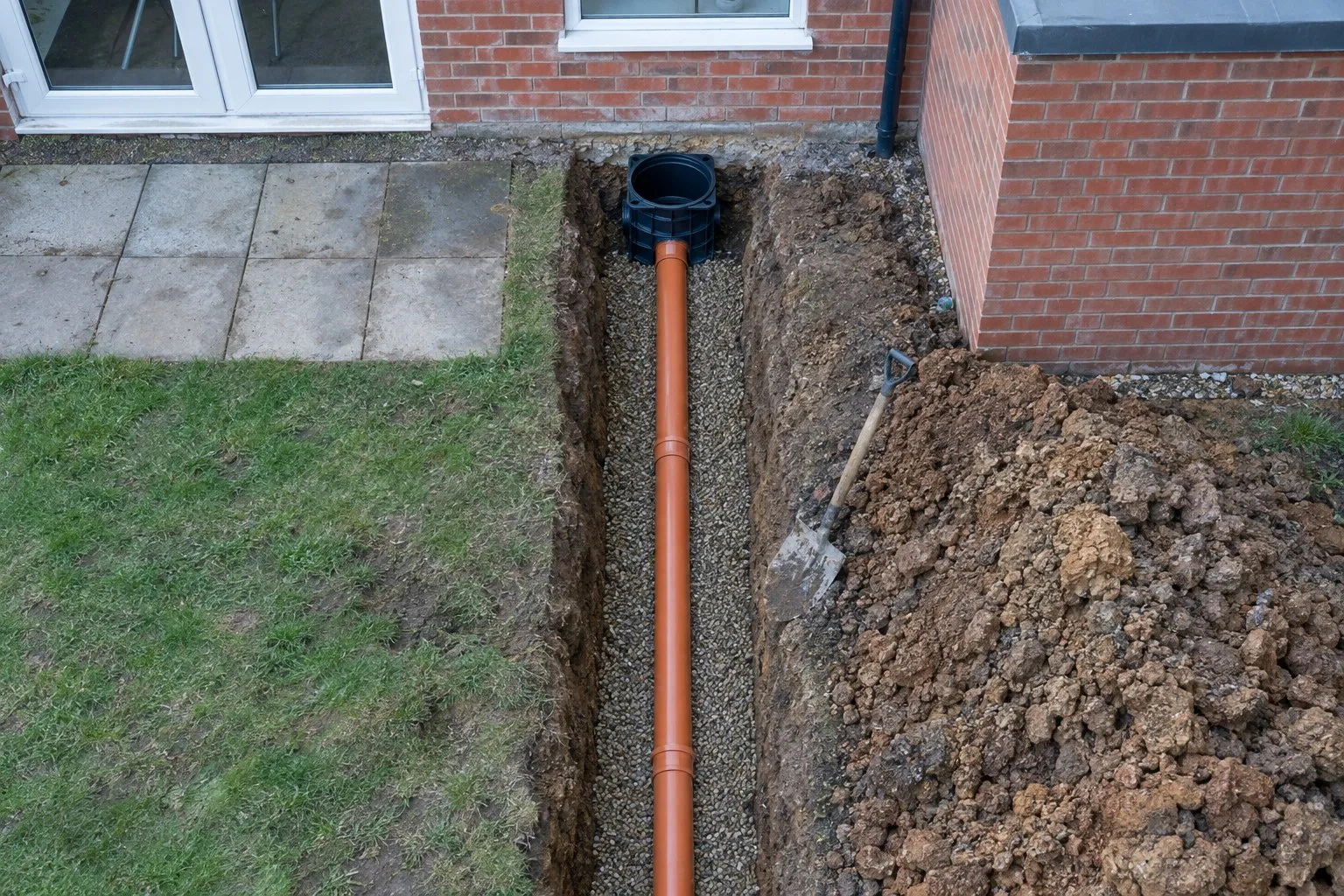 Seen from above, a straight orange underground drain run on a gravel bed in an open trench beside a house extension, its push-fit joints and an inspection chamber still exposed before backfilling Seen from above, a straight orange underground drain run on a gravel bed in an open trench beside a house extension, its push-fit joints and an inspection chamber still exposed before backfilling