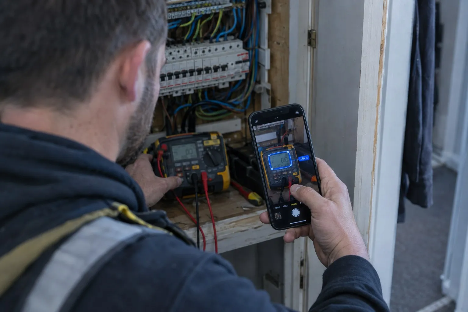 An electrician photographing the screen of a multifunction tester with his phone, in front of an open consumer unit with its wiring exposed An electrician photographing the screen of a multifunction tester with his phone, in front of an open consumer unit with its wiring exposed
