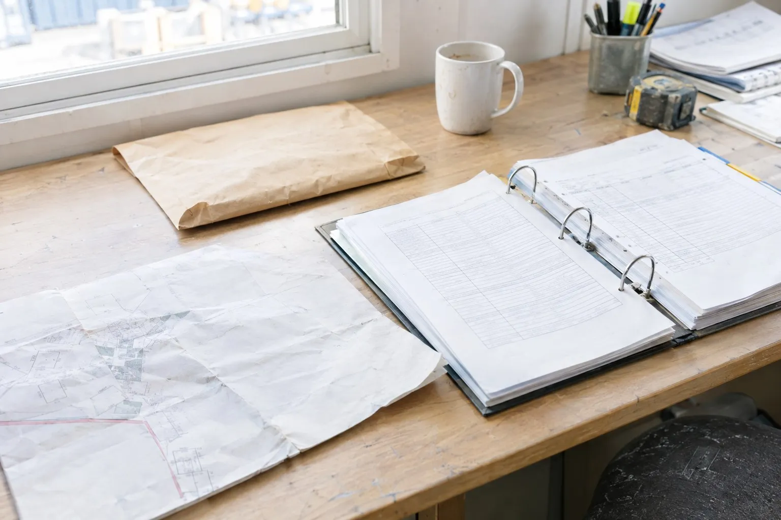 A printed statement beside an envelope and an open payment-record folder on a site office desk A printed statement beside an envelope and an open payment-record folder on a site office desk