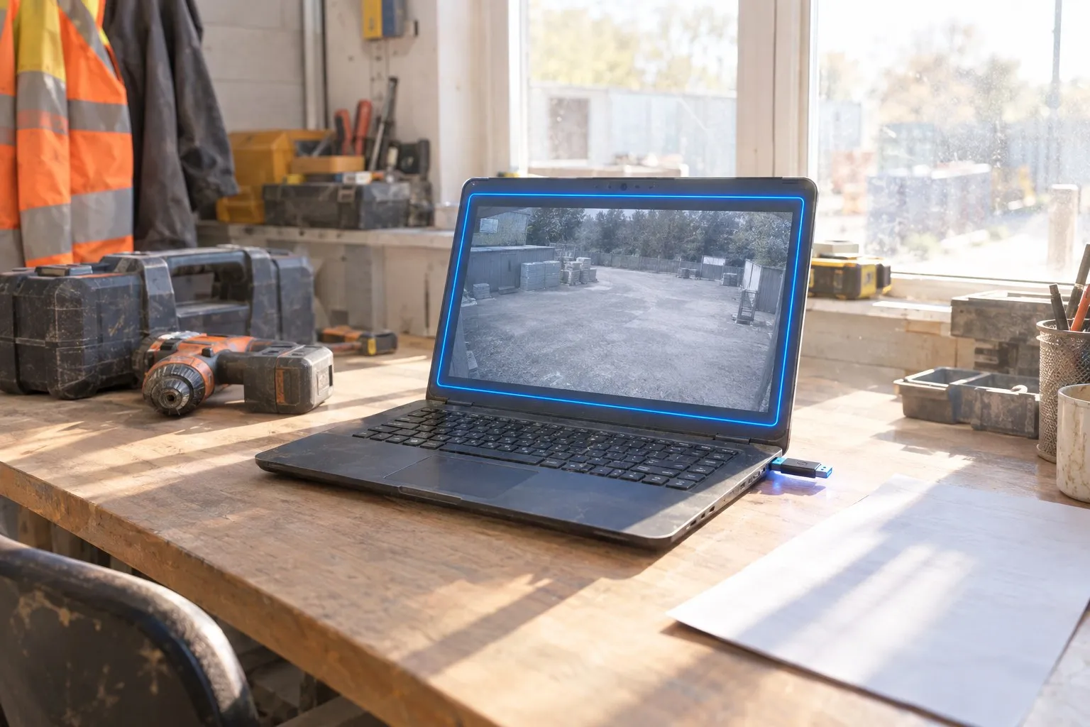 Laptop on a workshop desk playing an exported CCTV clip from a USB stick, with a blue frame marking the screen where the copy is checked Laptop on a workshop desk playing an exported CCTV clip from a USB stick, with a blue frame marking the screen where the copy is checked
