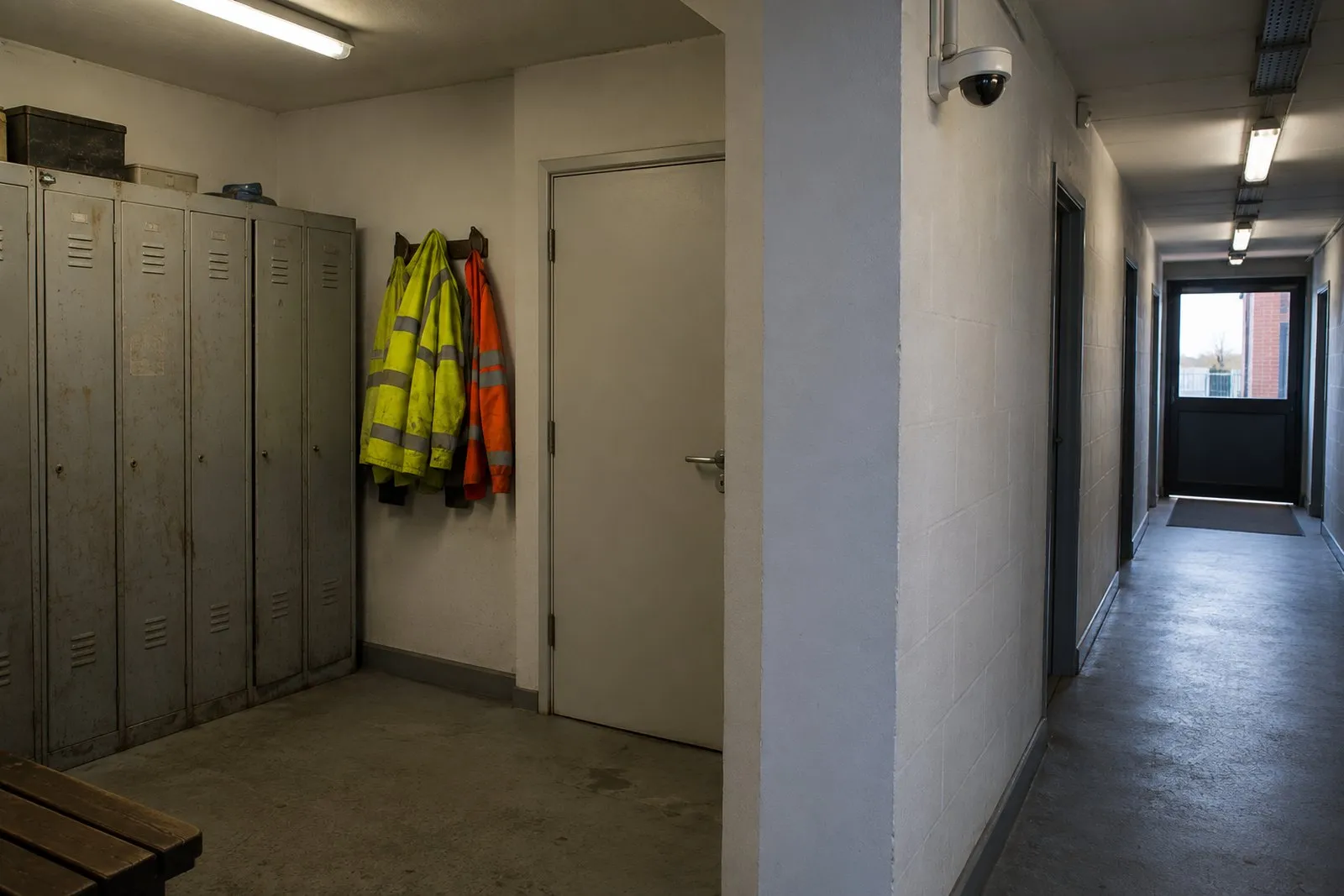 A workshop changing area with battered metal lockers and hi vis jackets on hooks, and a small dome camera mounted out in the corridor beyond, angled away down the corridor rather than into the changing area A workshop changing area with battered metal lockers and hi vis jackets on hooks, and a small dome camera mounted out in the corridor beyond, angled away down the corridor rather than into the changing area