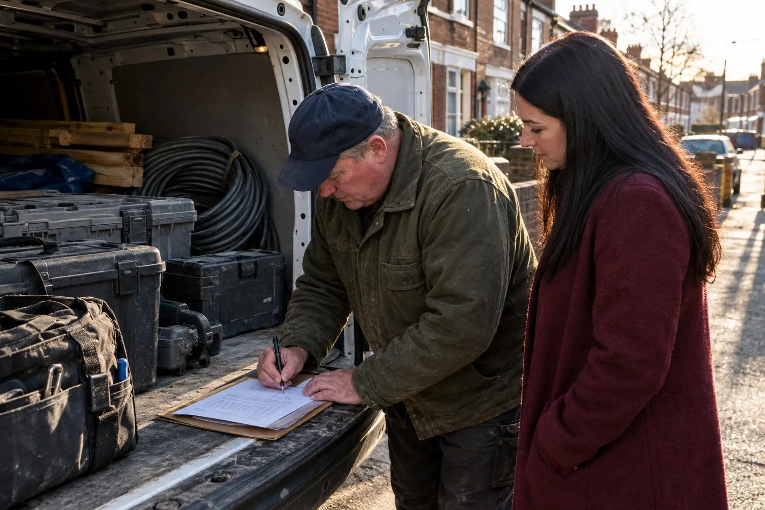 A builder signing a sheet on a folder on the load floor of his open van while the homeowner stands beside him and watches