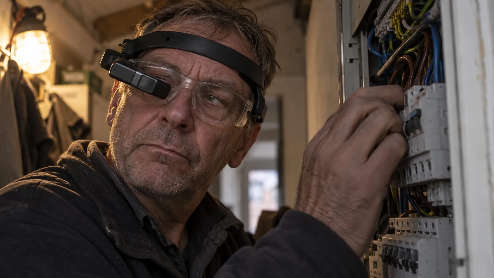 An electrician in his fifties working inside a domestic consumer unit, wearing clear safety glasses with a monocular head mounted display strapped over the top of them An electrician in his fifties working inside a domestic consumer unit, wearing clear safety glasses with a monocular head mounted display strapped over the top of them