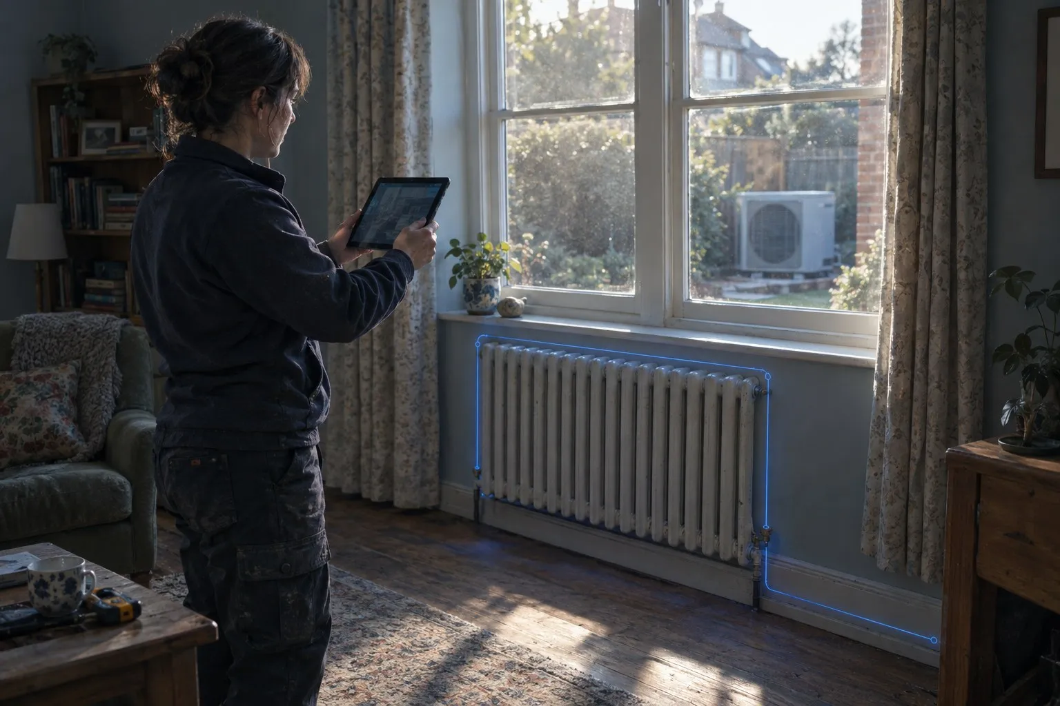 A heating engineer standing in a British living room holding a tablet up to the wall, a thin blue line tracing the old radiator under the window and following the pipe behind the skirting, a heat pump visible outside in the garden A heating engineer standing in a British living room holding a tablet up to the wall, a thin blue line tracing the old radiator under the window and following the pipe behind the skirting, a heat pump visible outside in the garden
