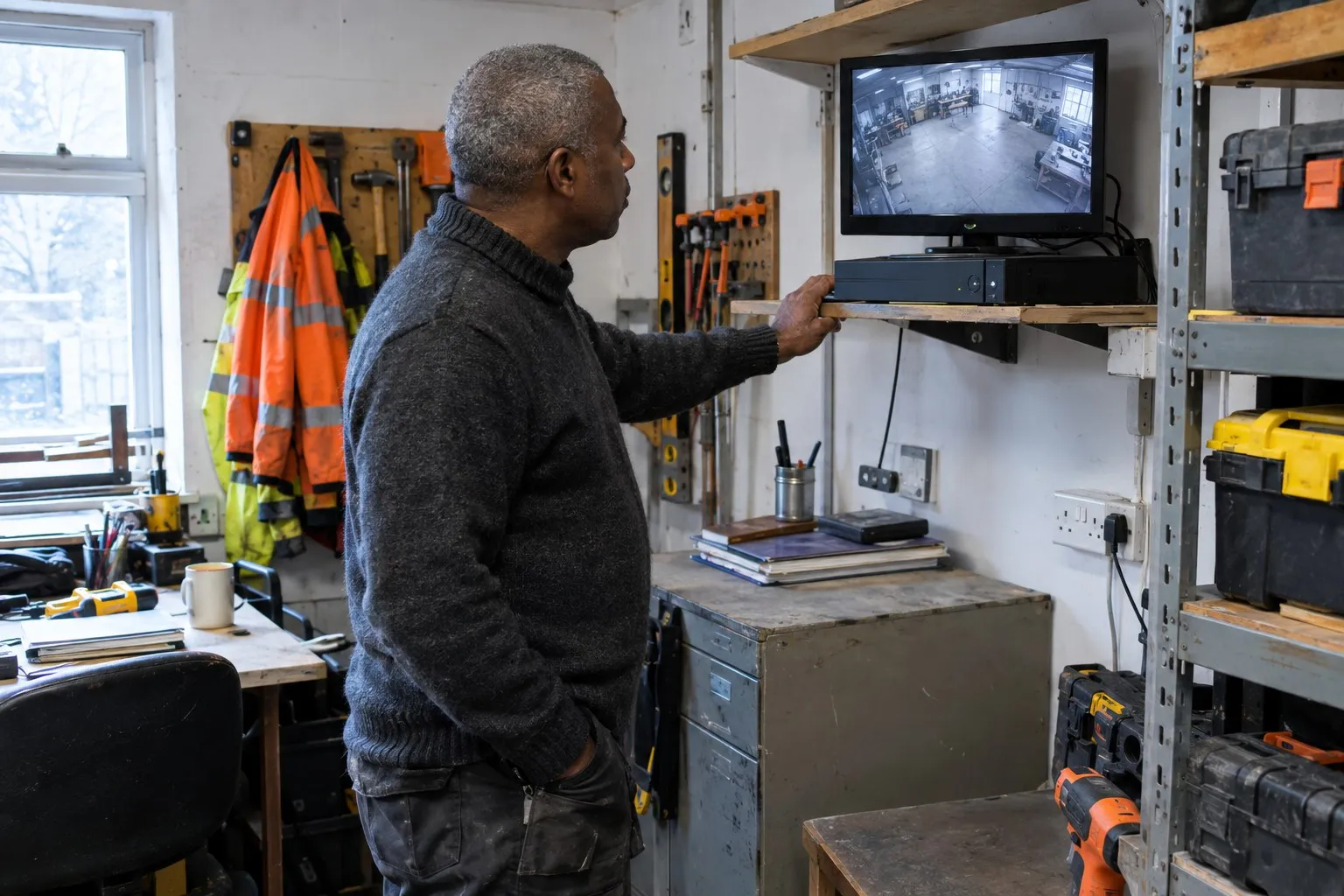 Black business owner in his fifties standing beside the CCTV recorder in a workshop office, watching its monitor before the footage is overwritten Black business owner in his fifties standing beside the CCTV recorder in a workshop office, watching its monitor before the footage is overwritten