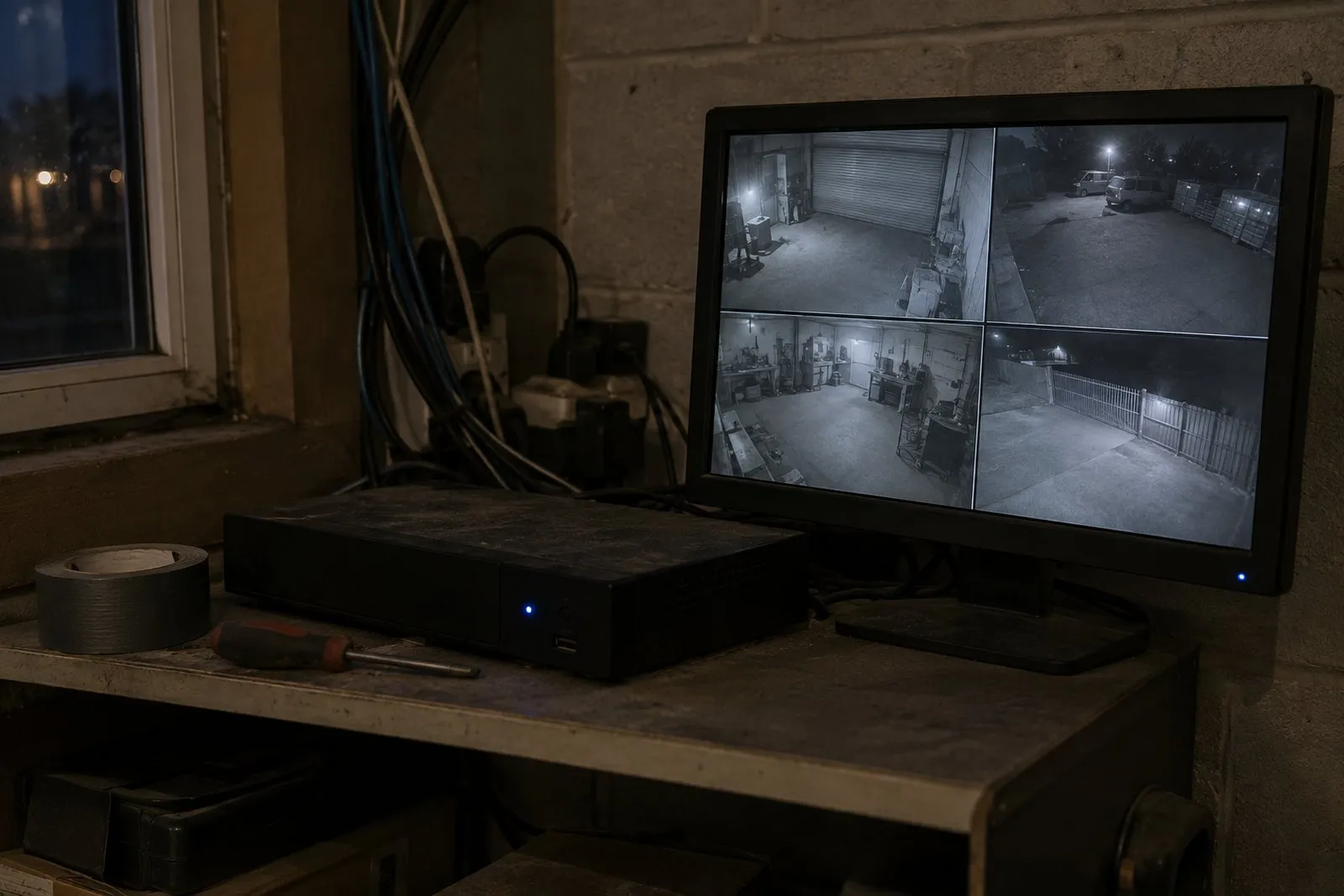 A CCTV recorder box and a monitor on a dusty shelf in a workshop office at night, the monitor showing four grainy, empty camera views of the workshop and the yard A CCTV recorder box and a monitor on a dusty shelf in a workshop office at night, the monitor showing four grainy, empty camera views of the workshop and the yard