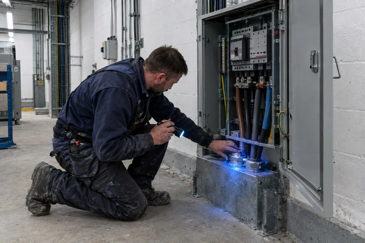 An electrician kneeling at an open three-phase distribution board in a plant room, checking the cable entries and glands with a torch An electrician kneeling at an open three-phase distribution board in a plant room, checking the cable entries and glands with a torch