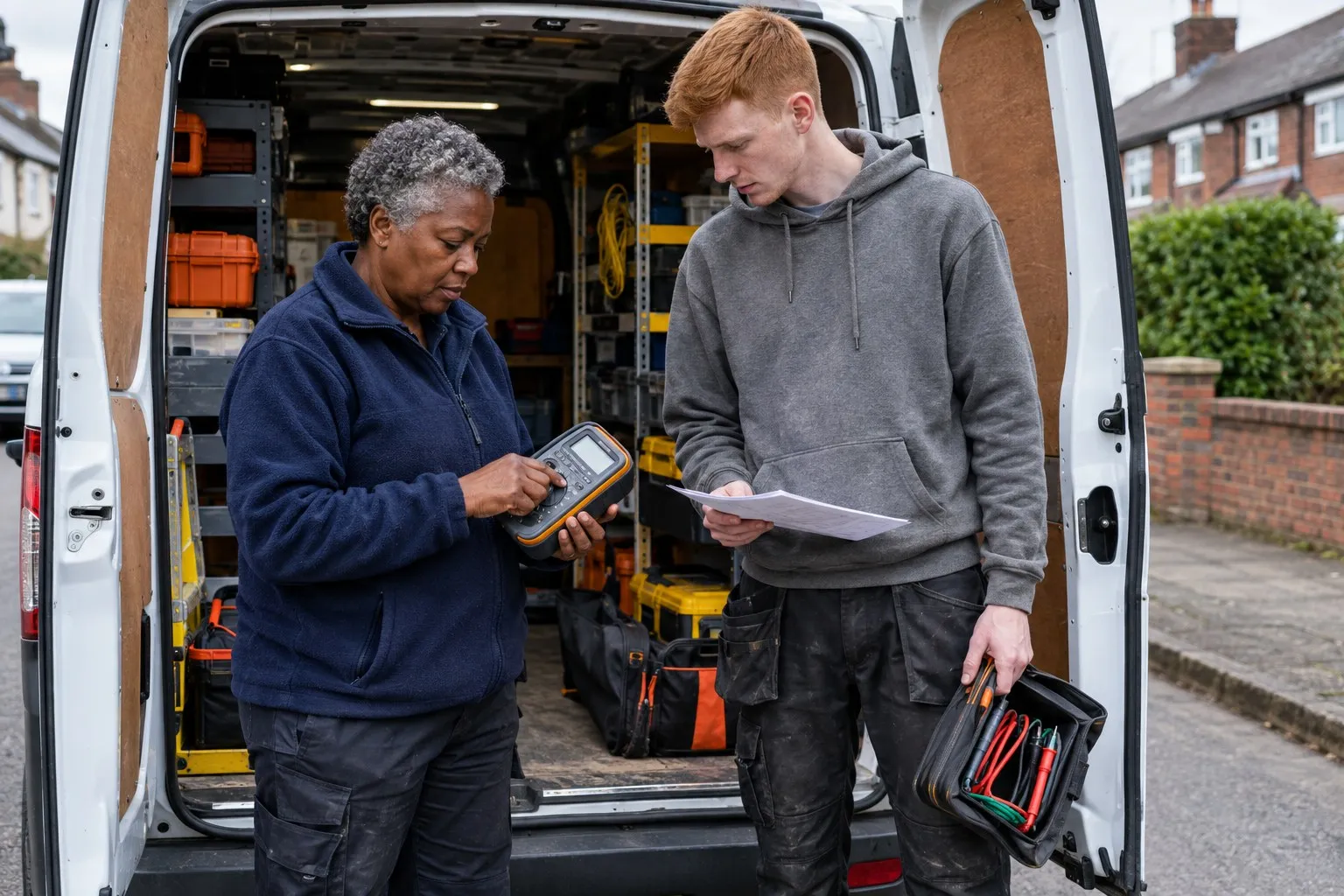 Electrical assessor checking a multifunction installation tester at the back of an electrician’s van, part of a NICEIC or NAPIT assessment of instruments and records