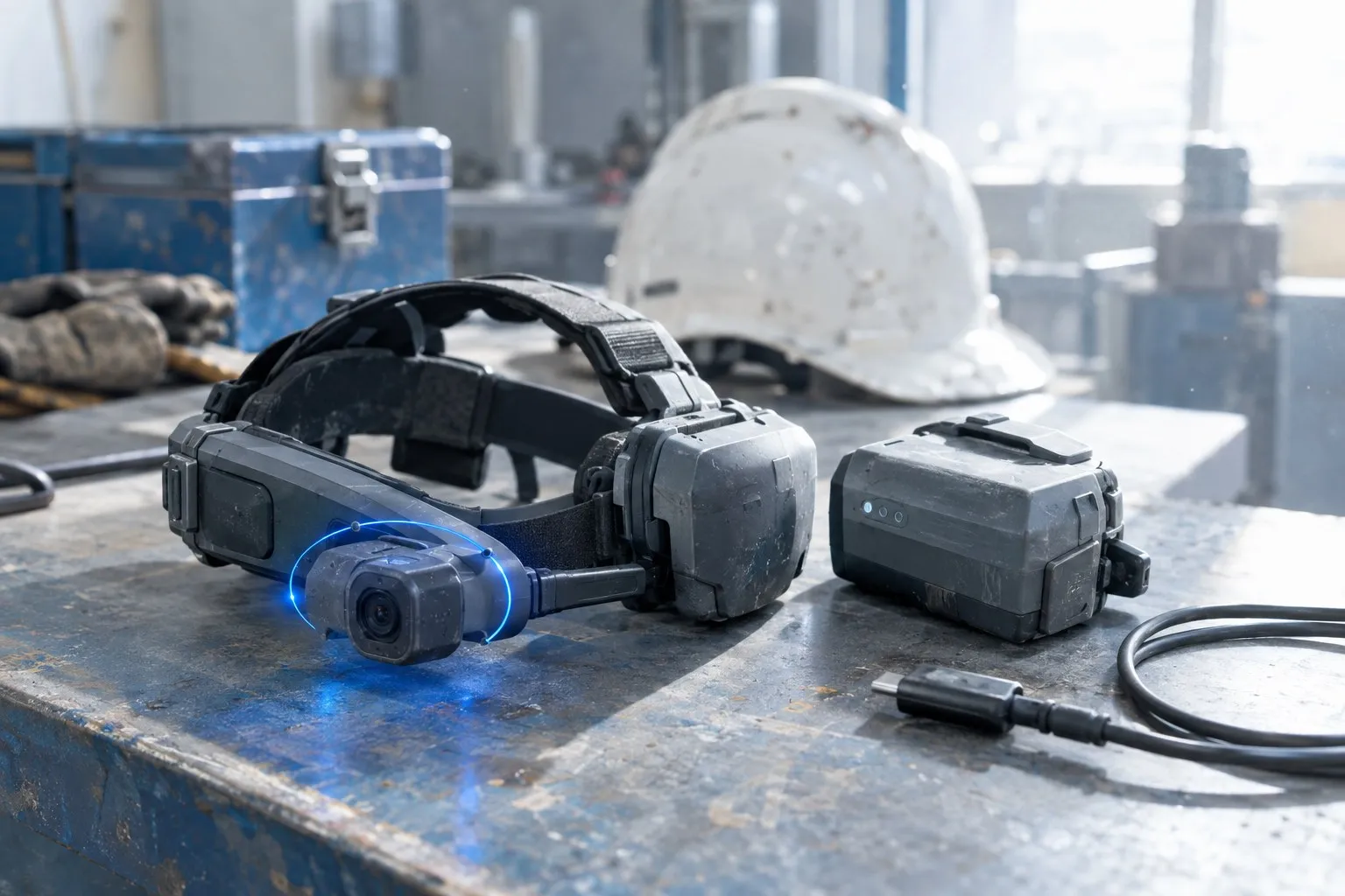 A rugged head-mounted camera unit and its separate battery pack lying detached on a workshop bench A rugged head-mounted camera unit and its separate battery pack lying detached on a workshop bench