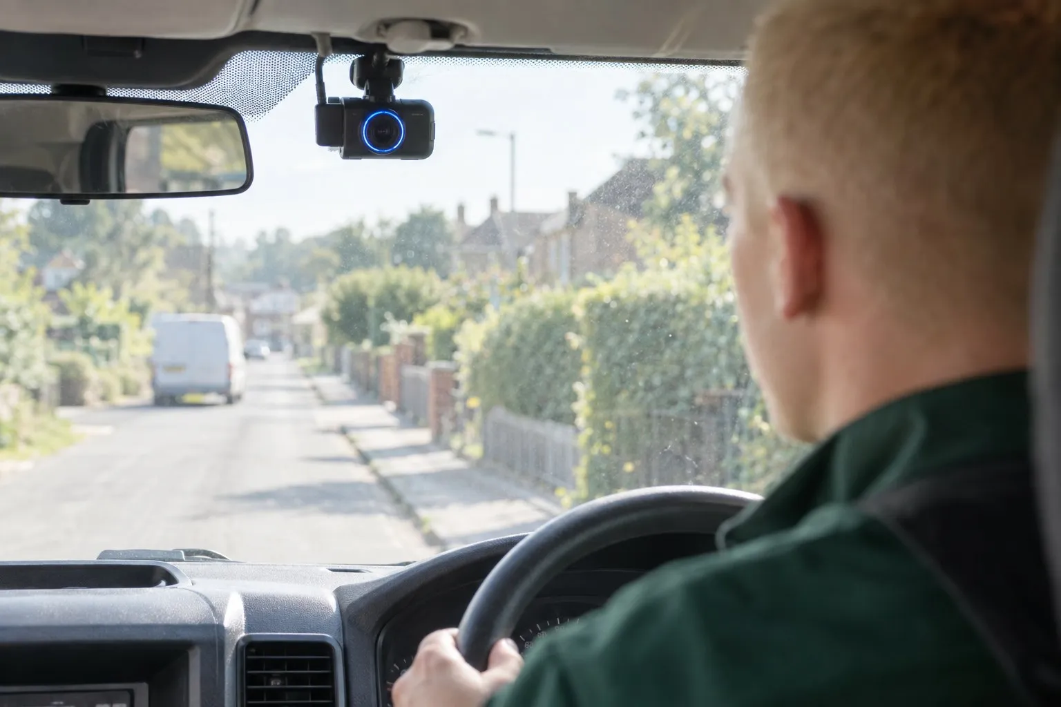 View from the back of a van cab over the driver’s shoulder: a dashcam high on the windscreen beside the mirror, its round inward lens facing back into the cab towards the young technician in a green work jacket at the wheel