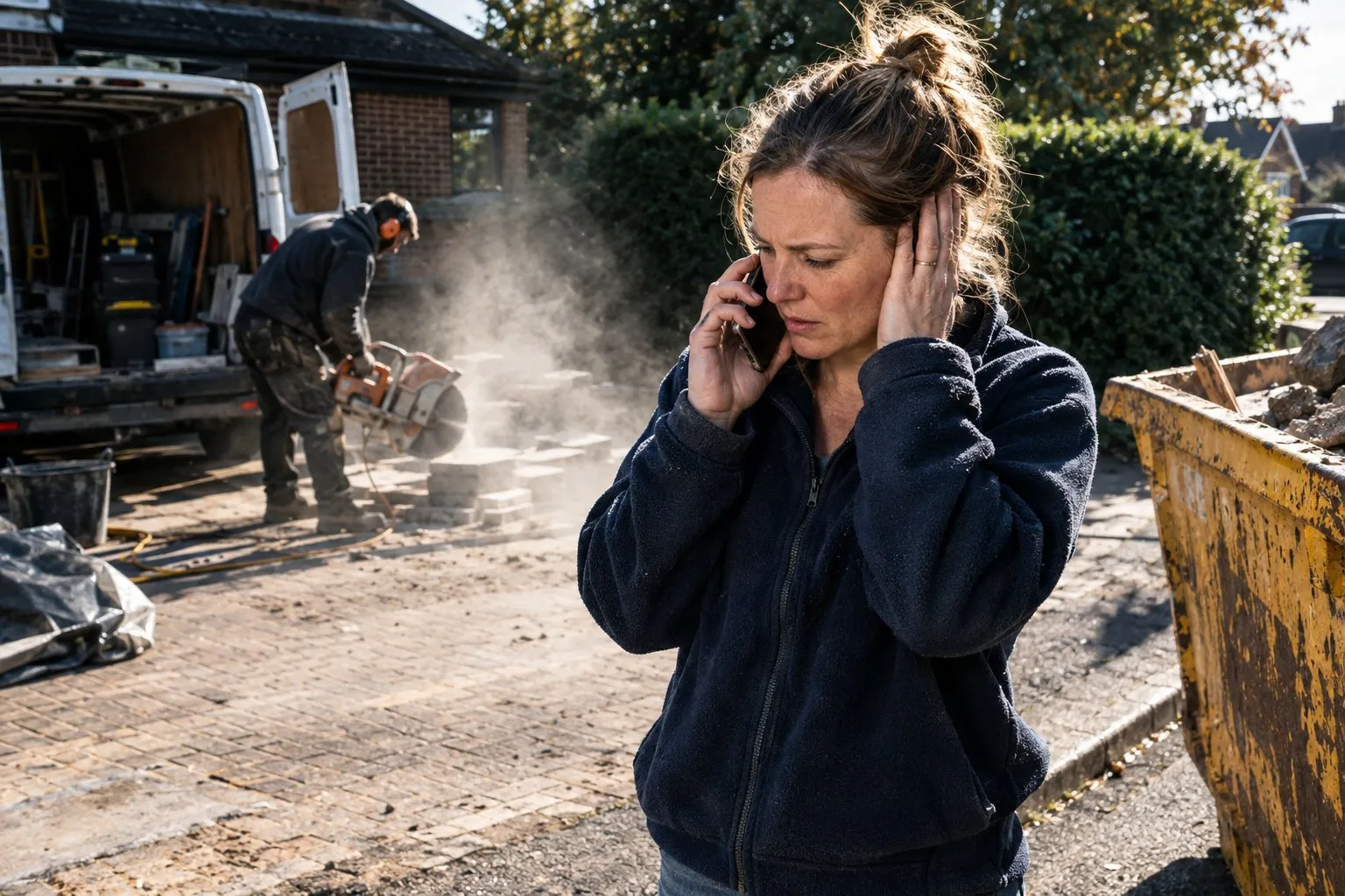 A customer on her phone in a driveway with a hand over her free ear, a cut-off saw throwing dust twenty feet behind her