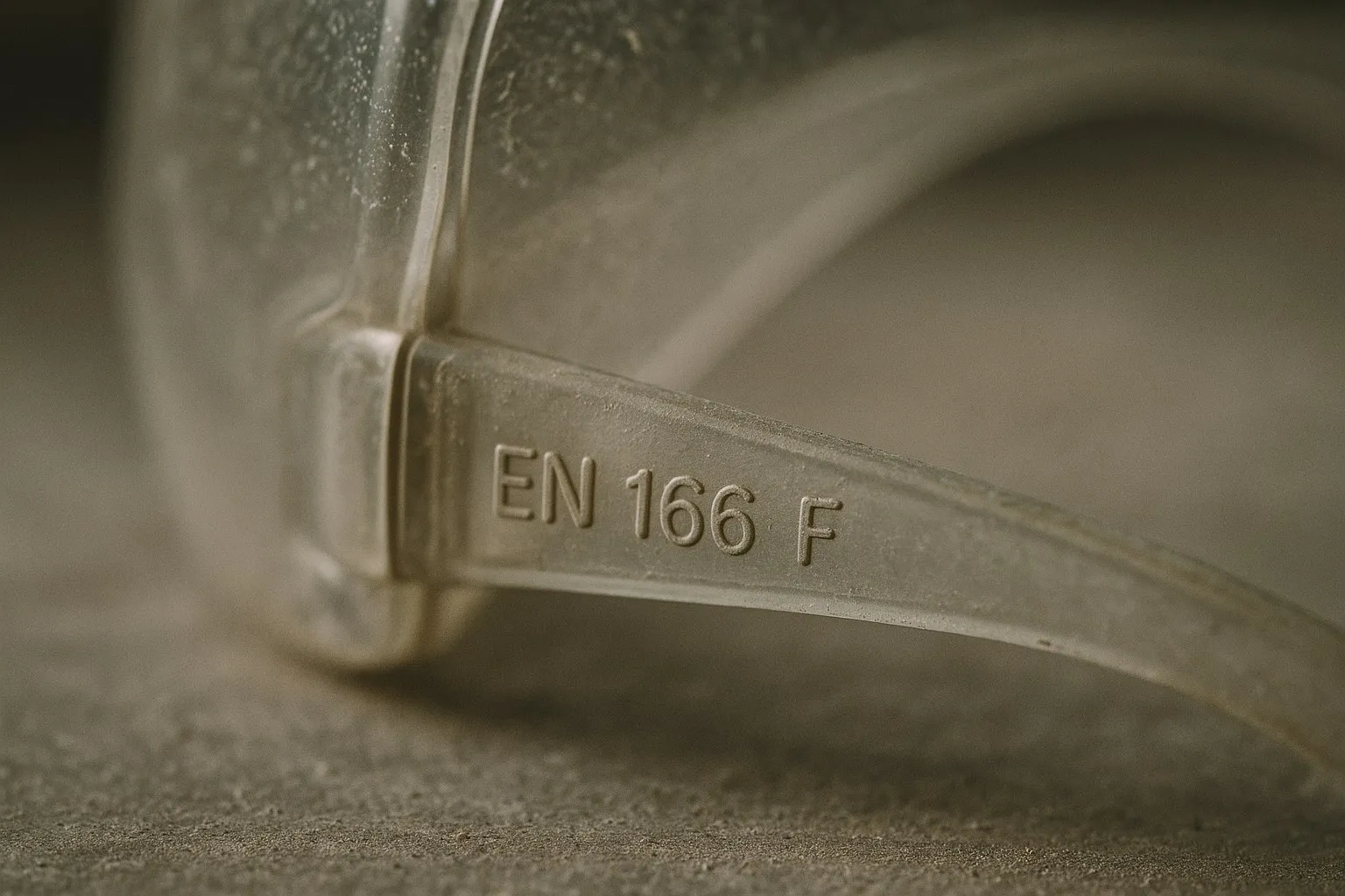 Extreme close up of the arm of a well used pair of clear safety spectacles resting on a dusty bench, with EN 166 F moulded into the plastic and worn smooth