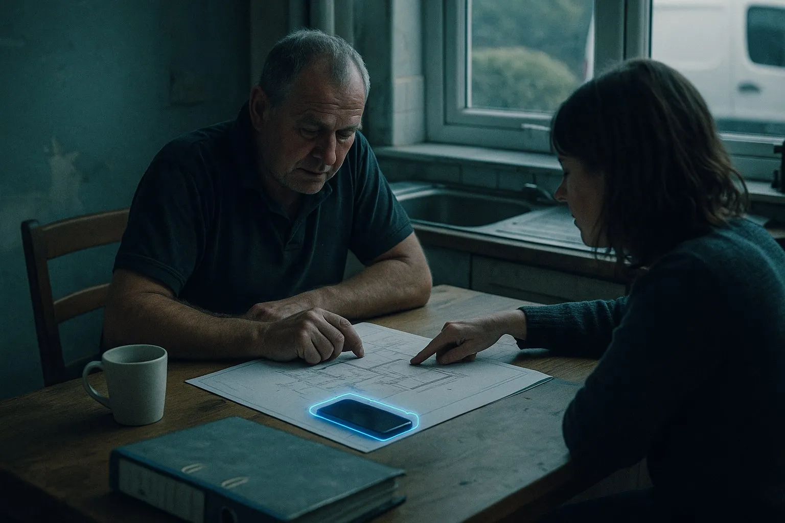 A builder and a customer at a kitchen table in an English semi, going over an A3 drawing of a rear extension, his phone face up on the table beside it A builder and a customer at a kitchen table in an English semi, going over an A3 drawing of a rear extension, his phone face up on the table beside it