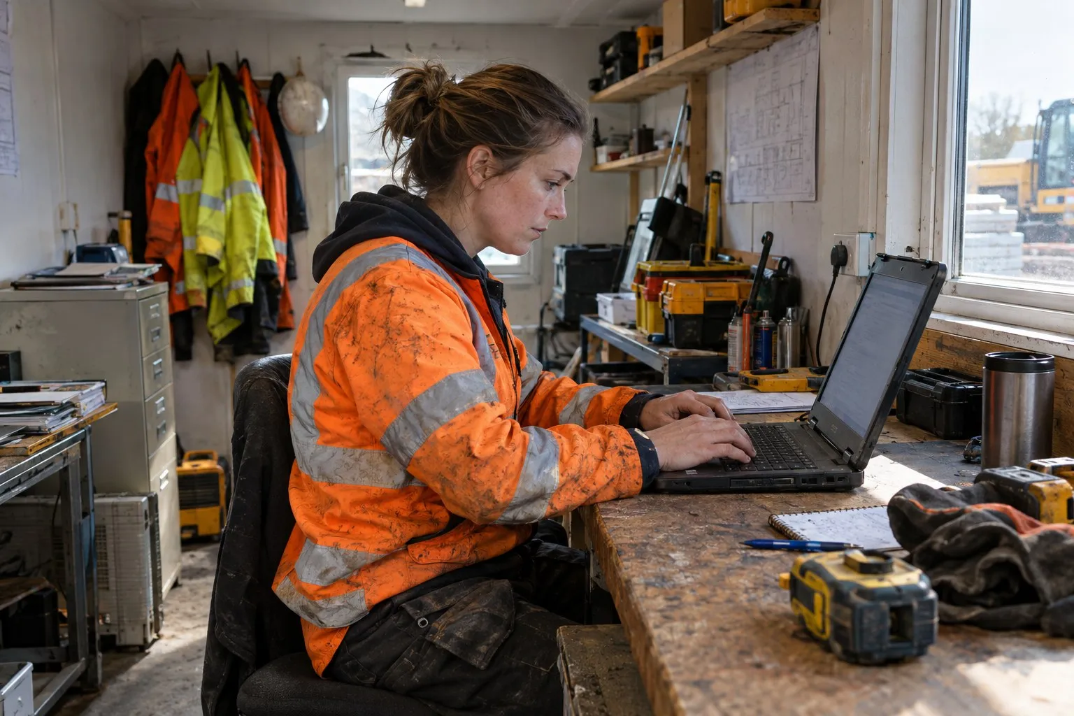 A construction business owner checking a subcontractor’s details on a laptop in a site office A construction business owner checking a subcontractor’s details on a laptop in a site office
