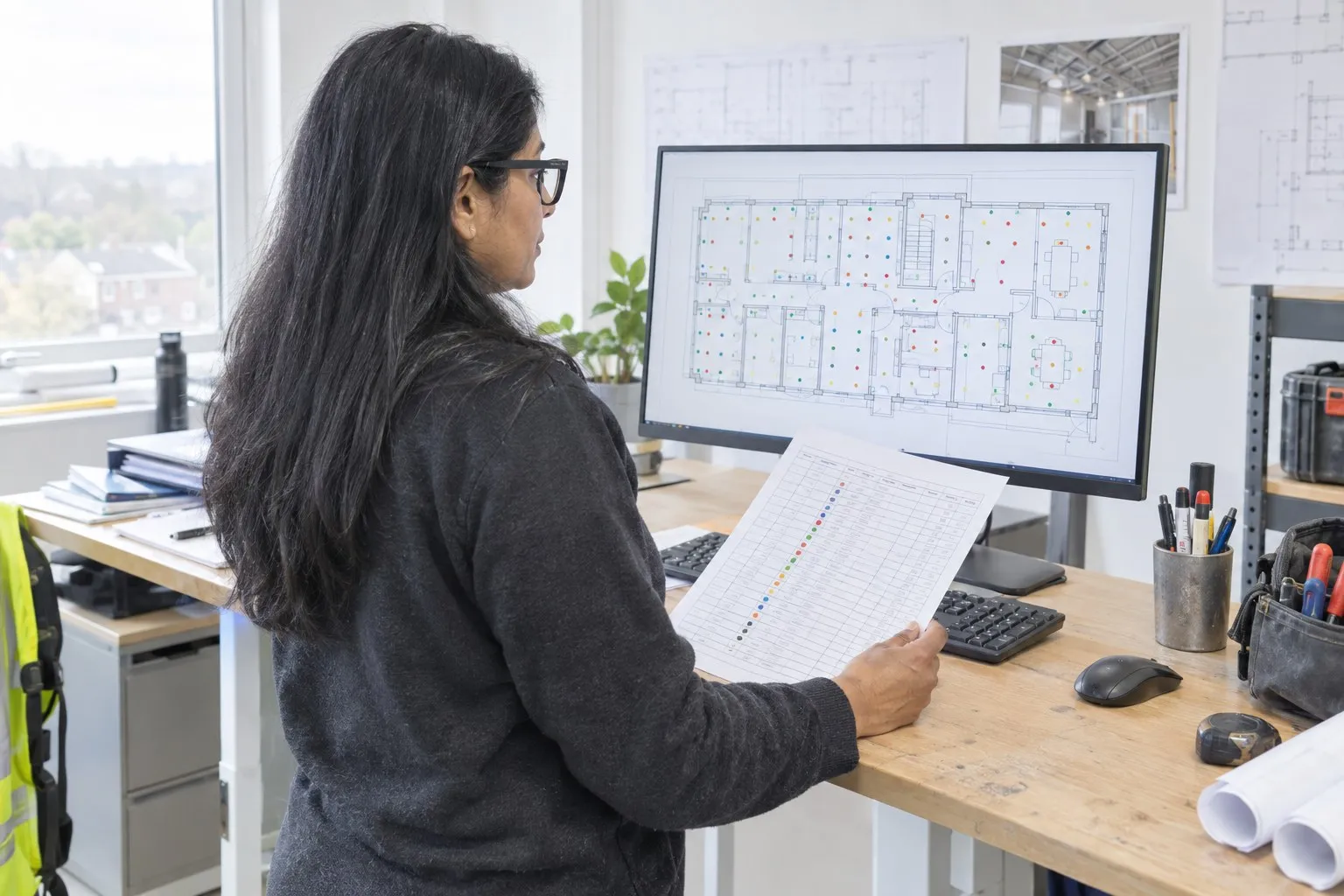 An estimator standing at a desk, comparing a printed lighting schedule with an electrical floor plan on screen covered in coloured count marks An estimator standing at a desk, comparing a printed lighting schedule with an electrical floor plan on screen covered in coloured count marks