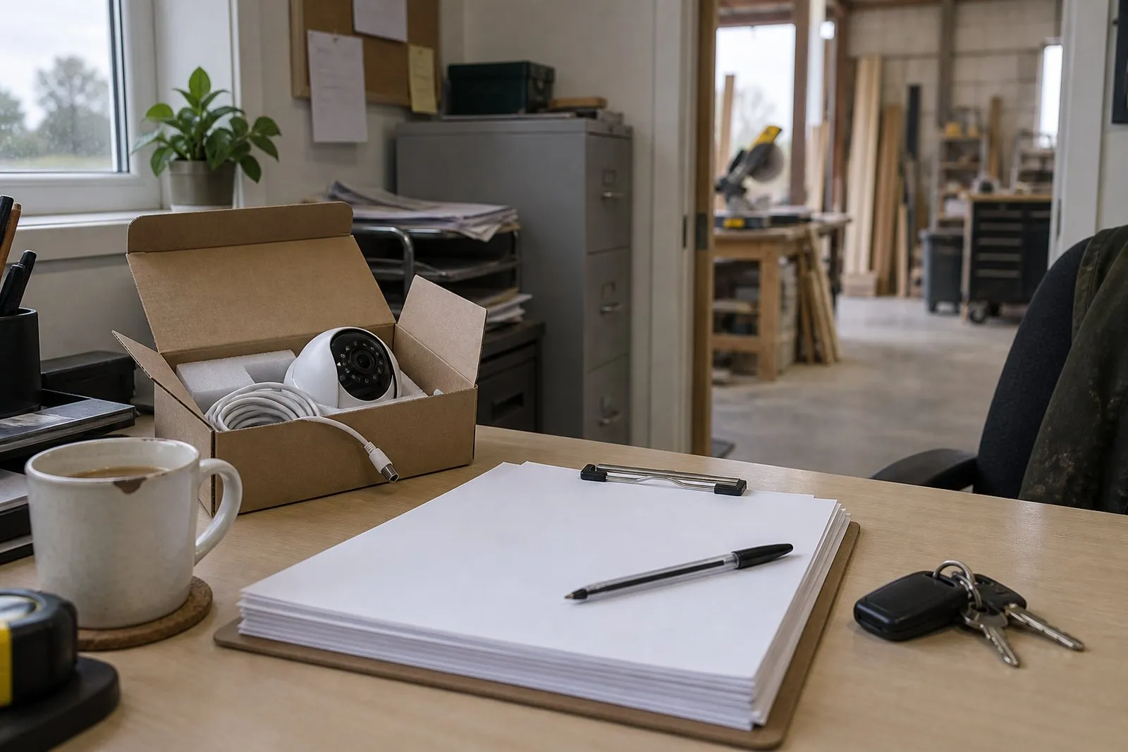 A blank clipboard and biro on a workshop office desk, next to a mug of tea, a set of van keys and a brand new dome camera still sitting in its opened box, unplugged A blank clipboard and biro on a workshop office desk, next to a mug of tea, a set of van keys and a brand new dome camera still sitting in its opened box, unplugged