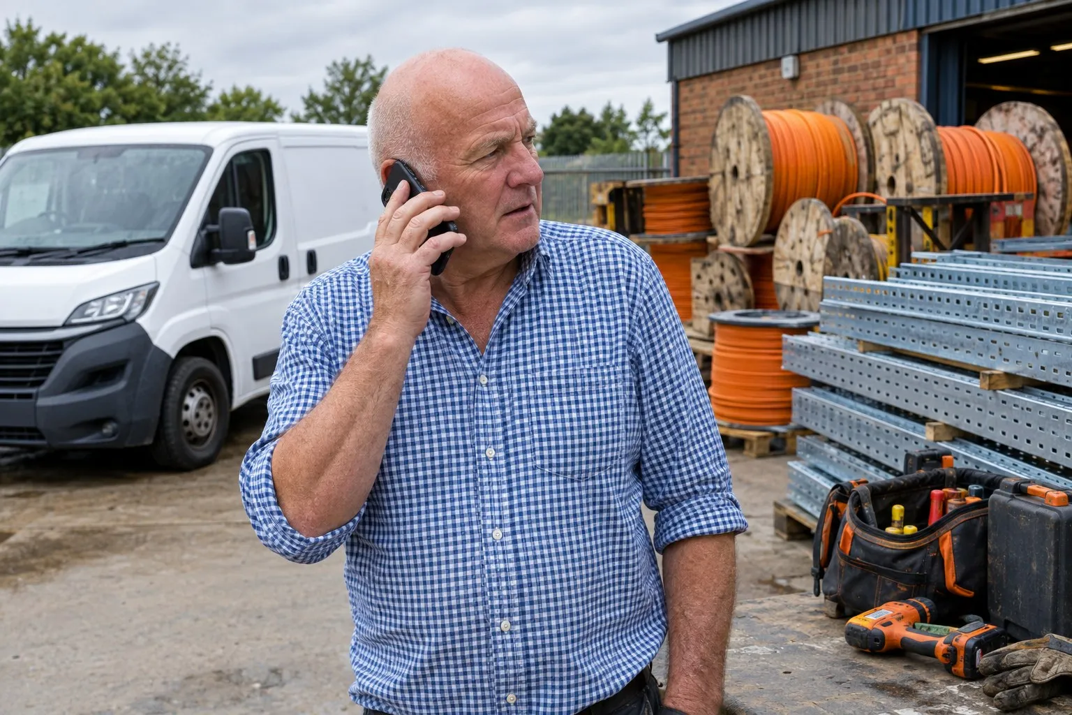 The owner of a small electrical contractor, in a checked shirt, on the phone in the yard beside a van, cable drums and cable tray The owner of a small electrical contractor, in a checked shirt, on the phone in the yard beside a van, cable drums and cable tray