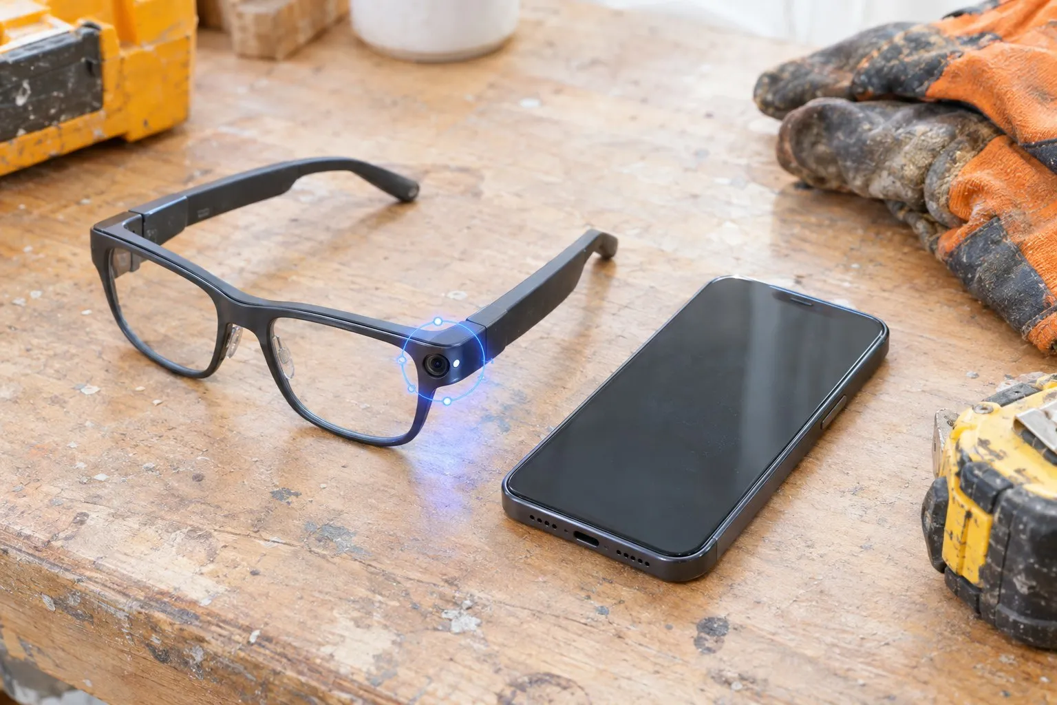 Consumer camera glasses lying on a workbench beside a personal phone with a dark screen Consumer camera glasses lying on a workbench beside a personal phone with a dark screen