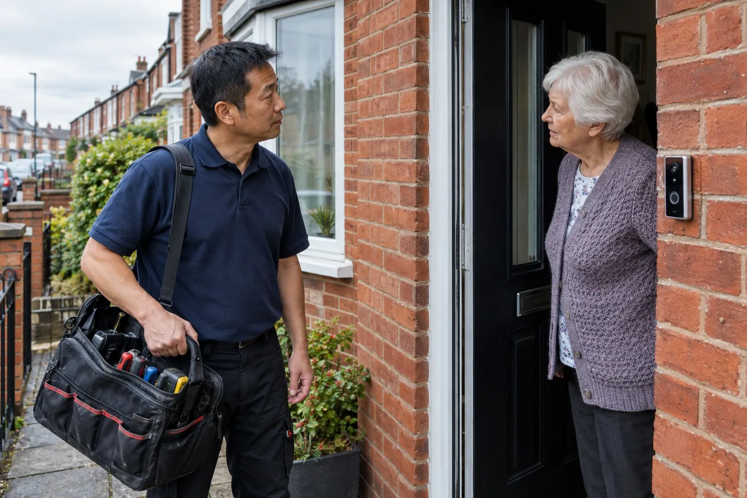A technician with a tool bag at the front door of a terraced house as an older woman opens it, a video doorbell fixed beside the frame A technician with a tool bag at the front door of a terraced house as an older woman opens it, a video doorbell fixed beside the frame