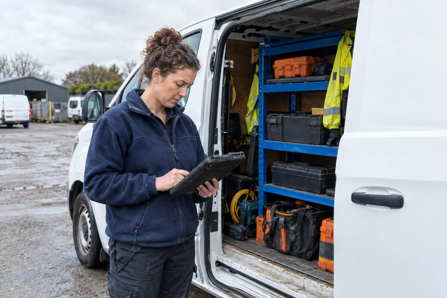 A fleet manager with curly brown hair checks a rugged tablet beside a white work van with its sliding side door open and tool cases on blue racking inside