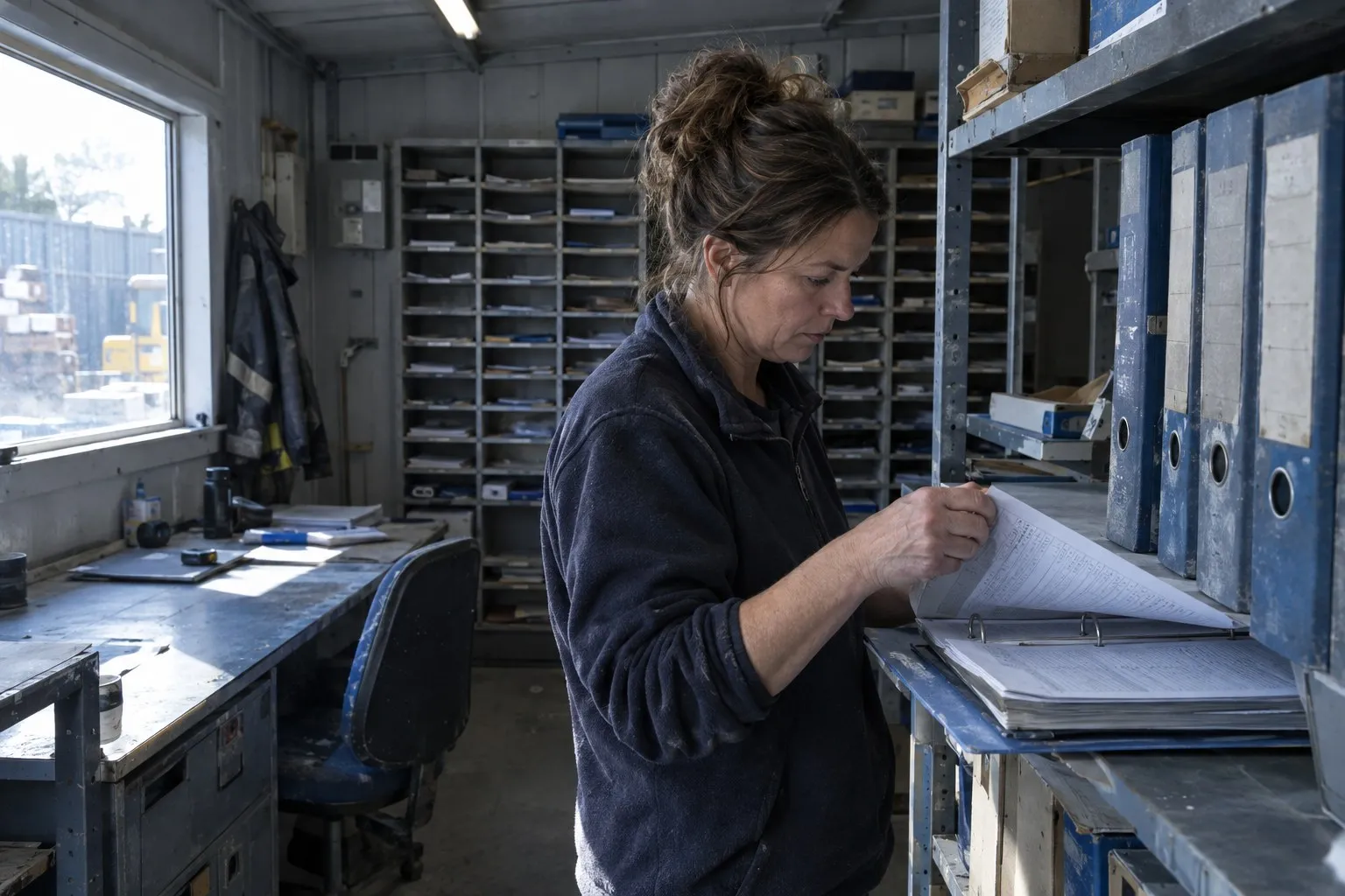 A business owner going through stored payment records in a lever arch file at an office desk A business owner going through stored payment records in a lever arch file at an office desk
