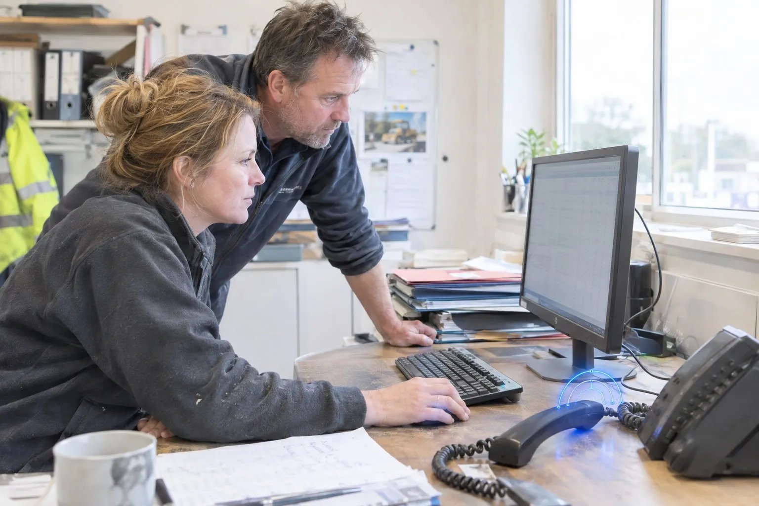 A trades office manager and the business owner looking at a call log on a desk monitor, a landline handset off its cradle