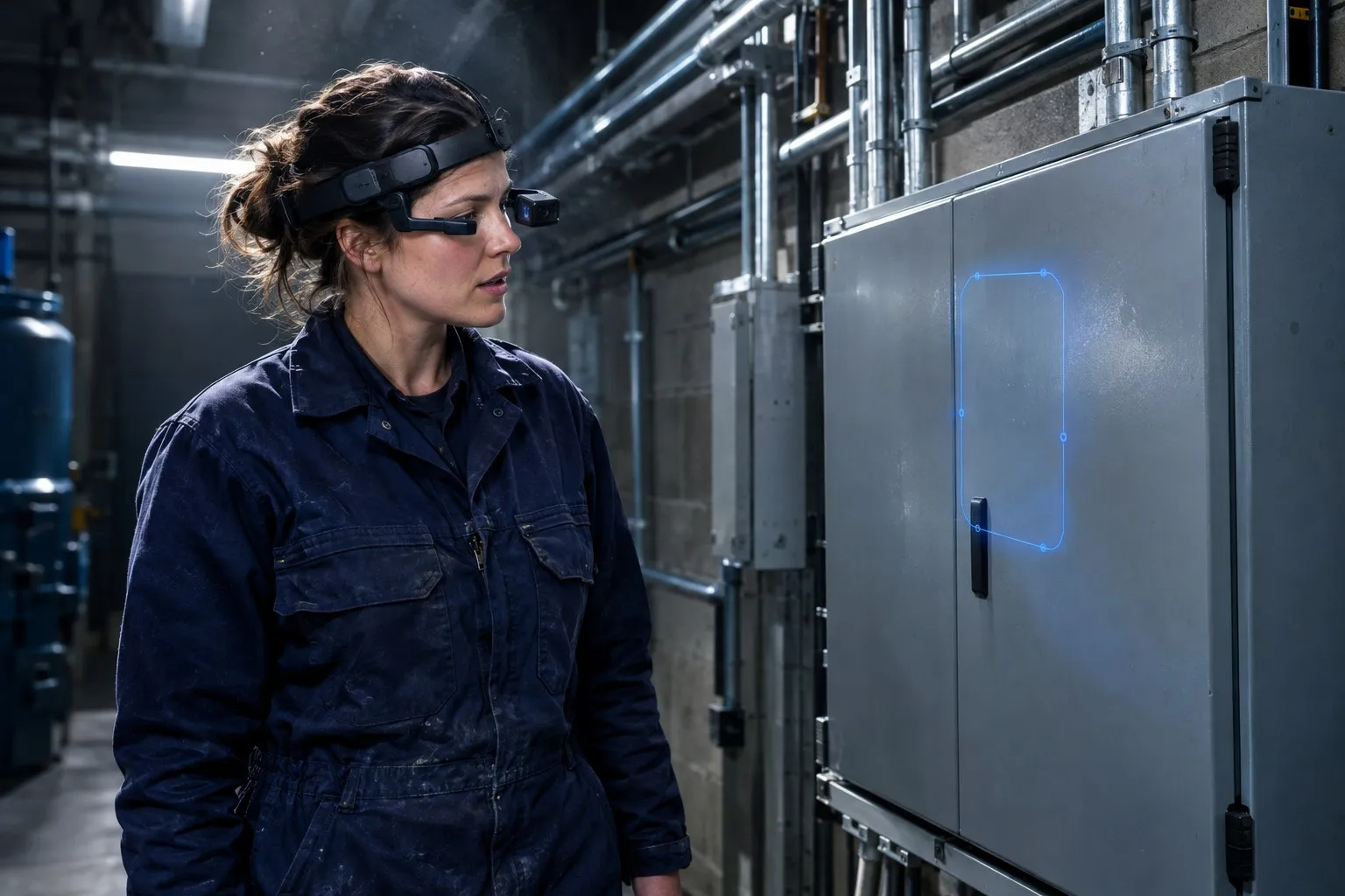 An electrician wearing a camera headset in front of a closed electrical enclosure during a remote call An electrician wearing a camera headset in front of a closed electrical enclosure during a remote call