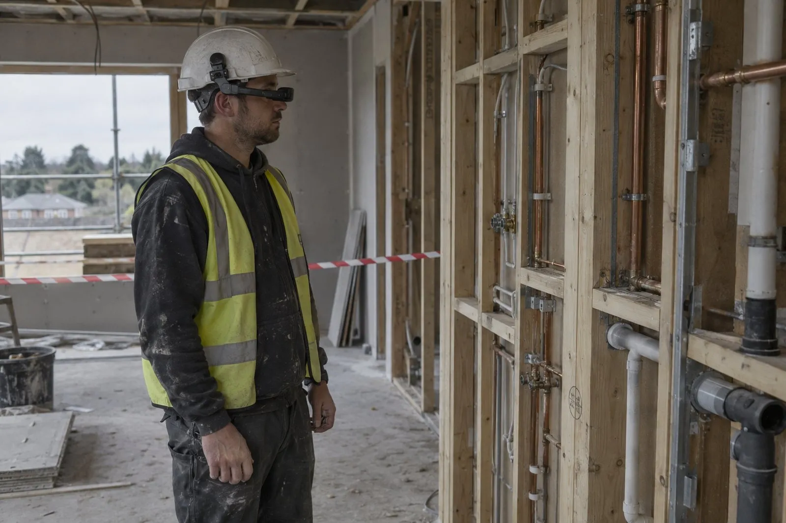 A site engineer in a hi-vis vest and hard hat standing still inside a taped-off area of a half-built house, showing unfinished pipework in an open stud wall to the smart glasses clipped to his hard hat A site engineer in a hi-vis vest and hard hat standing still inside a taped-off area of a half-built house, showing unfinished pipework in an open stud wall to the smart glasses clipped to his hard hat