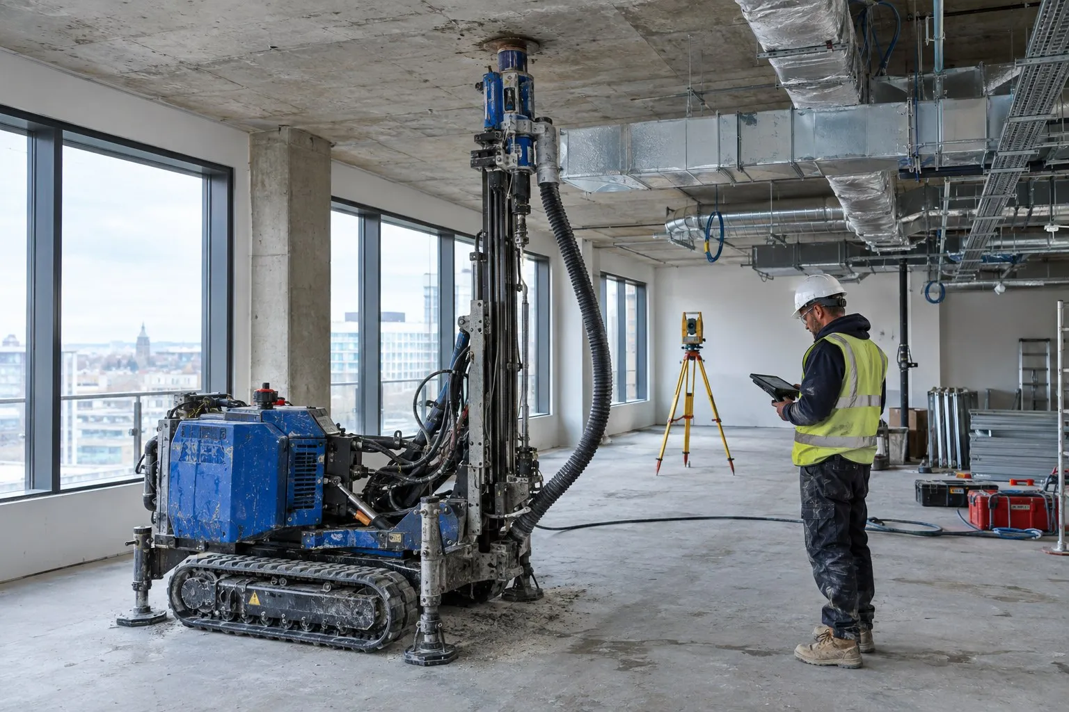 A tracked drilling robot with its mast against a bare concrete soffit on a commercial fit out, an operator a few steps away with a tablet and a total station on a tripod behind A tracked drilling robot with its mast against a bare concrete soffit on a commercial fit out, an operator a few steps away with a tablet and a total station on a tripod behind