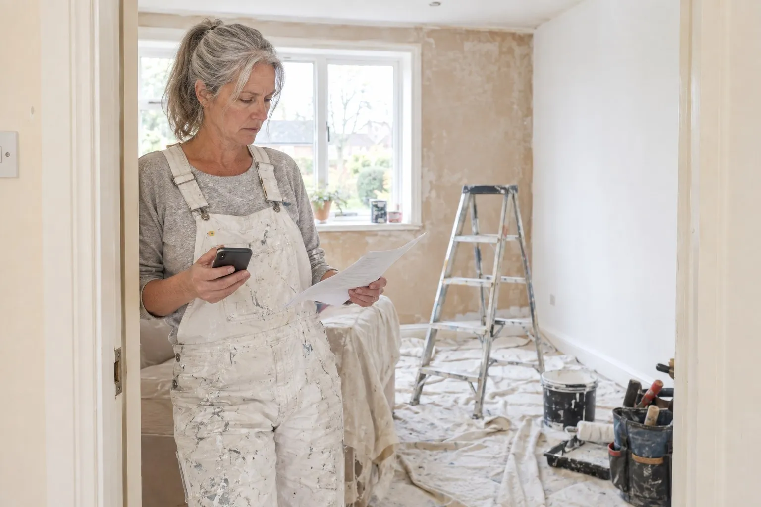 A grey-haired painter and decorator in white paint-flecked overalls standing in the doorway of a half-decorated room, reading a statement in one hand with her phone in the other A grey-haired painter and decorator in white paint-flecked overalls standing in the doorway of a half-decorated room, reading a statement in one hand with her phone in the other